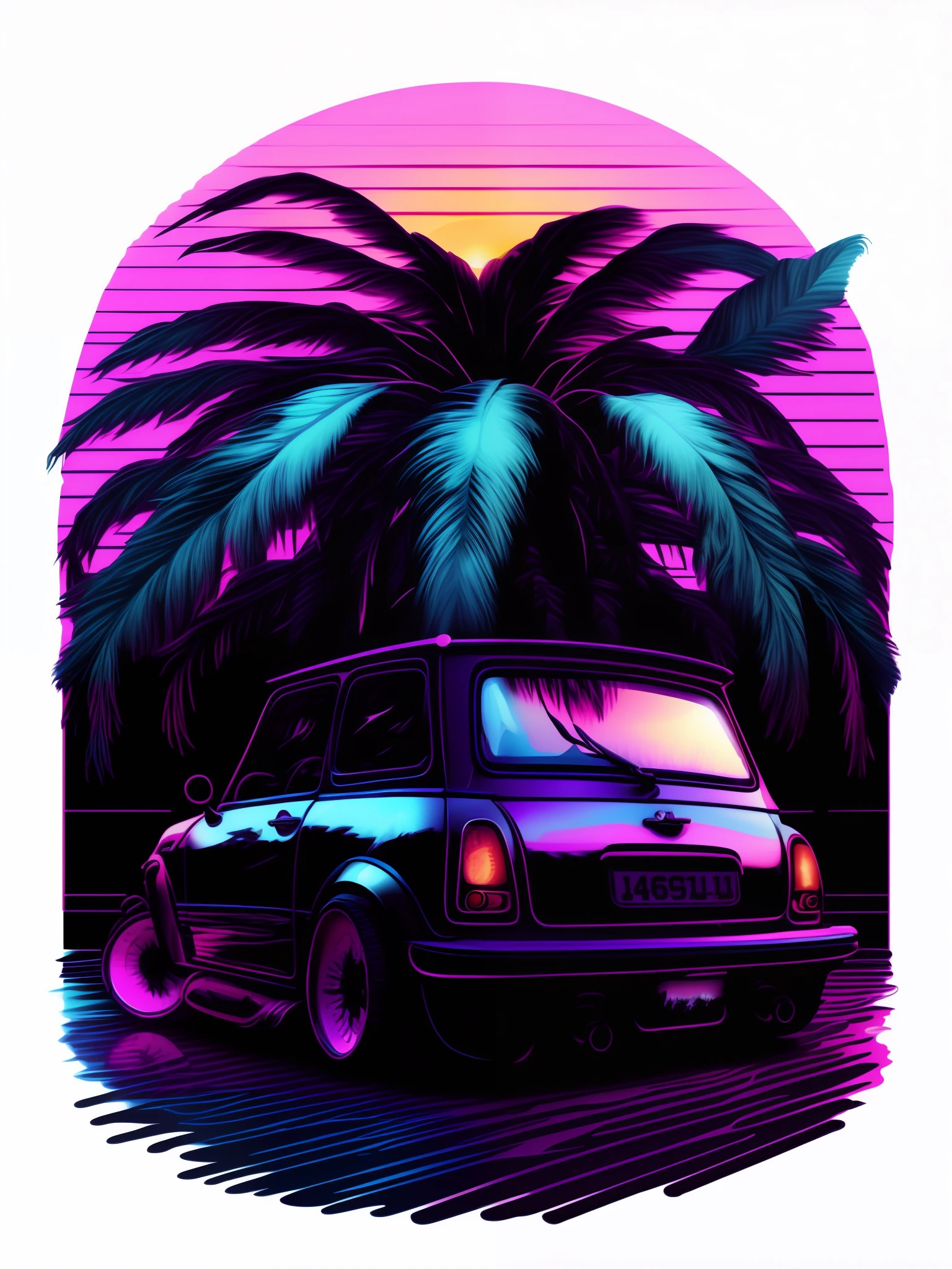 ein Mini-Cooper vor dem Sonnenuntergang, Vaporwave-Stil, Neon-Stil, Weiche Linien, Vektor-Aufkleber-Kunst, Vektor-Kernel, Komplizierte Details, white background , 8K