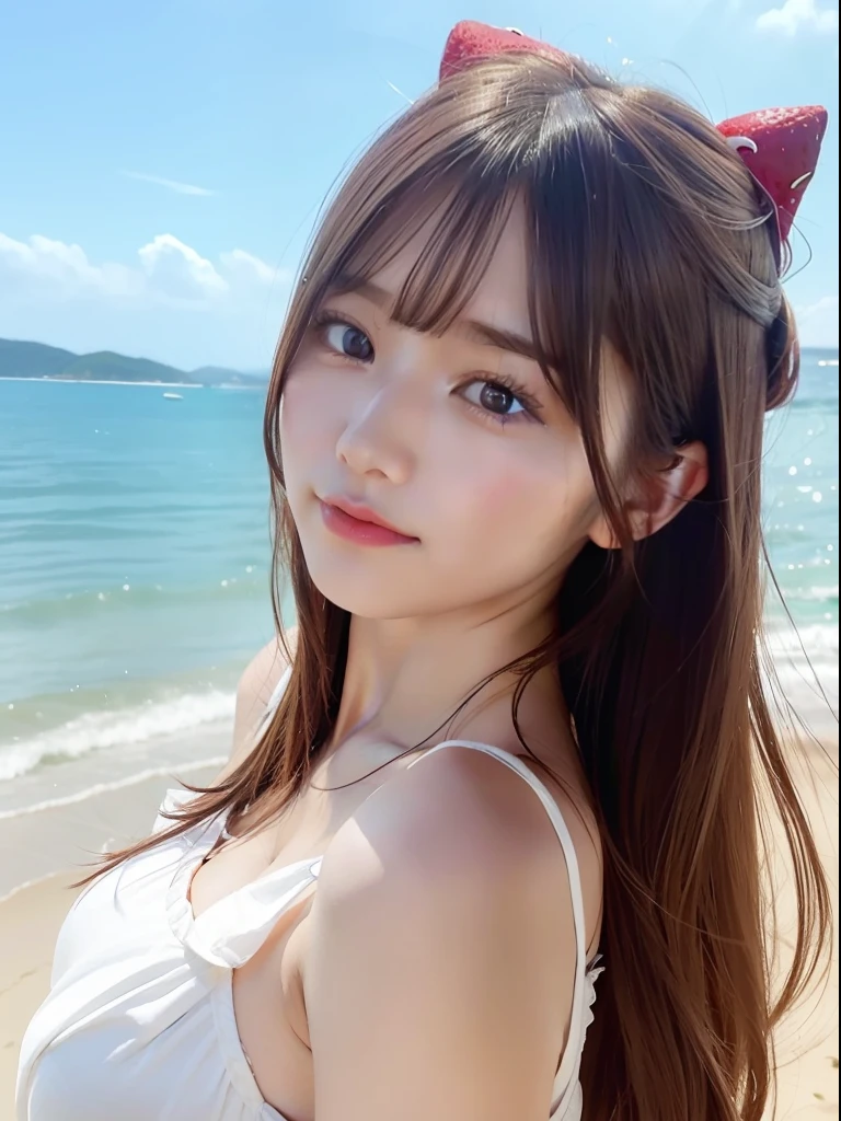 ((Best Quality, 8K, Best Picture Quality, Ultra High Definition)), Beautiful Girl, Solo, Japan, Young Model, Alone, Round Face, Small, Smile, Ultra High Detailed Skin, Fair Skin, Black Hair, Ponytail, Sandy Beach, Sunny Weather, White Micro Bikini, Perfect Fingers, Perfect Head and Body Size Balance, Super Detailed and Beautiful Face