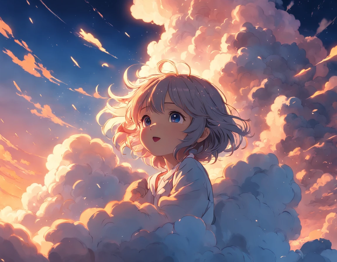 masterpiece, best quality, movie still, 1girl, cloud girl, floating in the sky, close-up, bright, happy, warm soft lighting, sunset, (sparks:0.7)
