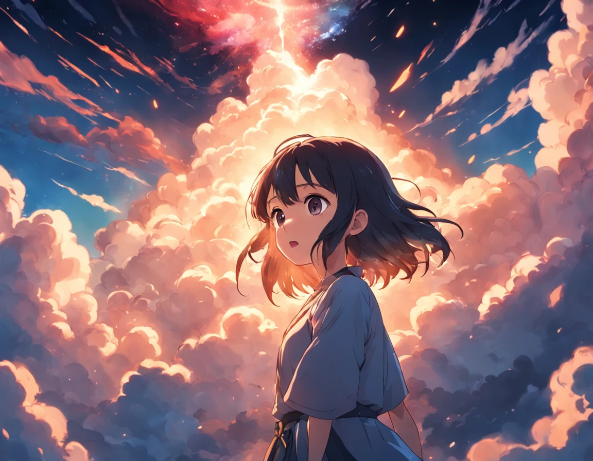 masterpiece, best quality, movie still, 1girl, cloud girl, floating in the sky, close-up, bright, happy, warm soft lighting, sunset, (sparks:0.7)