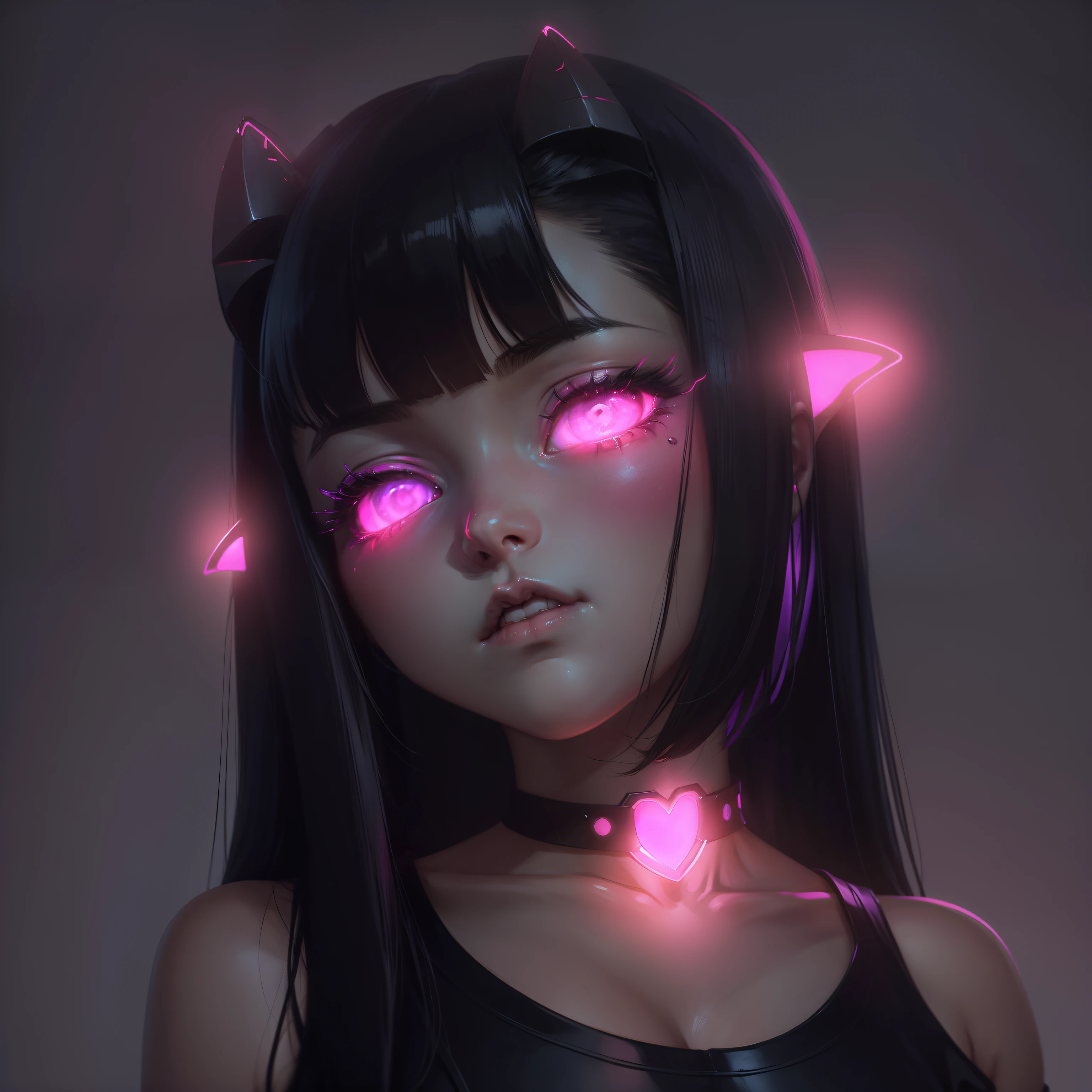 anime girl, succubus, sad face, black hair, sad, neon, depressed, best quality, lights