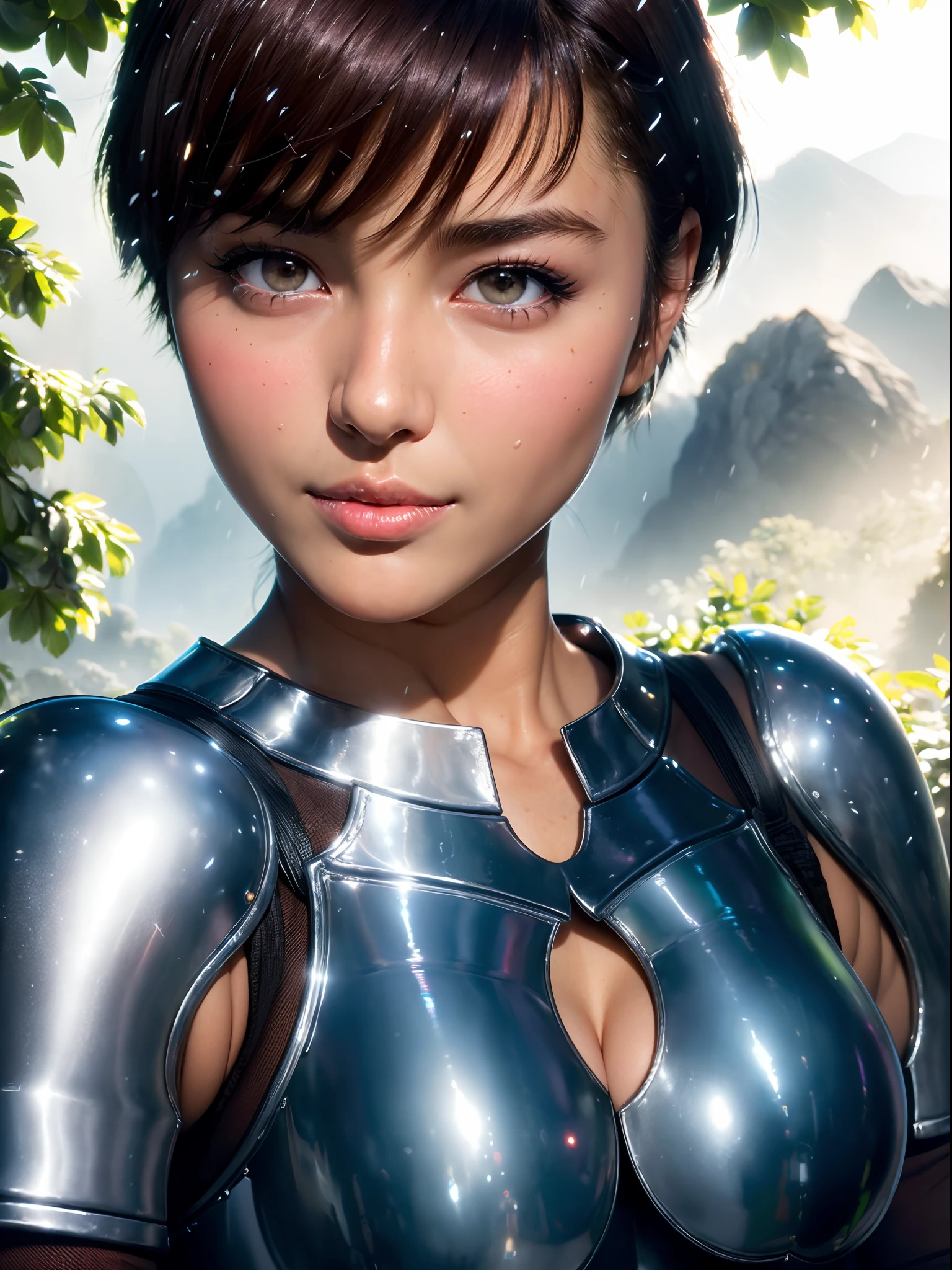 (masterpiece, best quality:1.4), (close up:1.4), (dinamic pose:1), 1girl, casca_berserk, short hair, (dark skin, dark-skinned female), brown hair, brown eyes, nature, cinematic light, silver armor, (full armor, knight outfit:1.4), large breasts, cleavage, mini skirt, green field with mountains after rain, beautifull smile, beautiful face, highly detailed face, highly detailed eyes, highly detailed skin, skin pores, subsurface scattering, realistic pupils, full face blush, full lips, detailed background, depth of field, volumetric lighting, sharp focus, absurdres, realistic proportions, good anatomy, (realistic, hyperrealistic:1.4), 16k hdr,