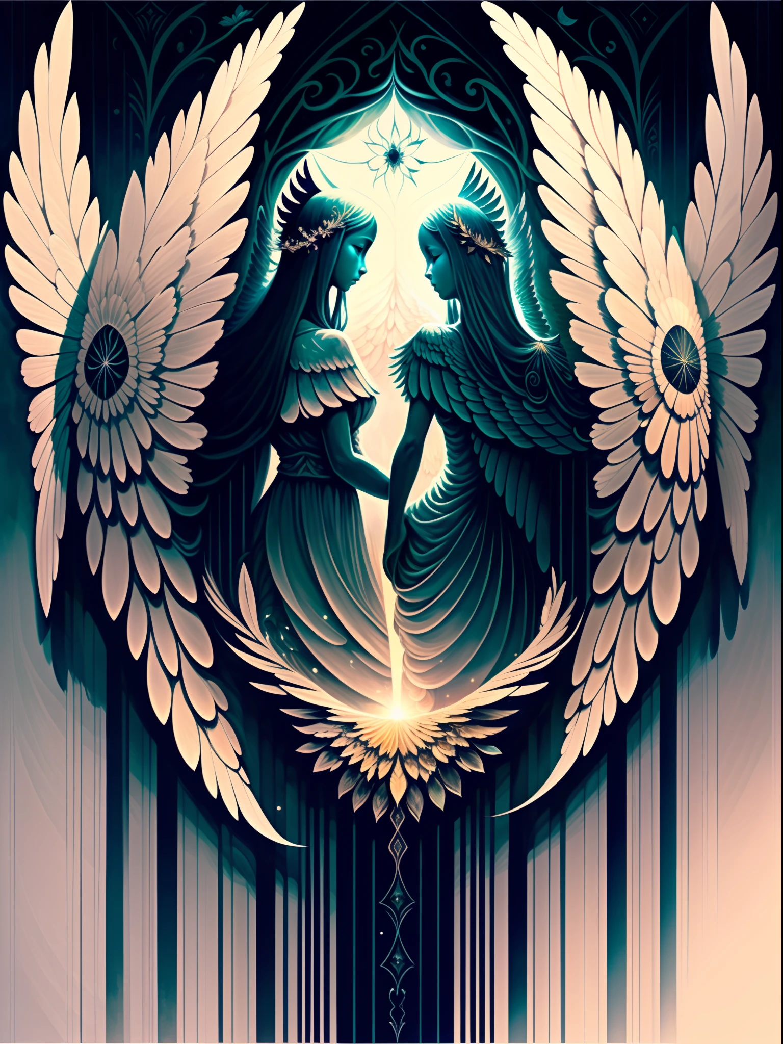 "fallen angels", dark and mysterious atmosphere, ethereal beauty, intricate wings, solemn expressions, celestial light, dramatic shadows, heavenly landscape, sorrowful yet captivating, symbolic elements.
