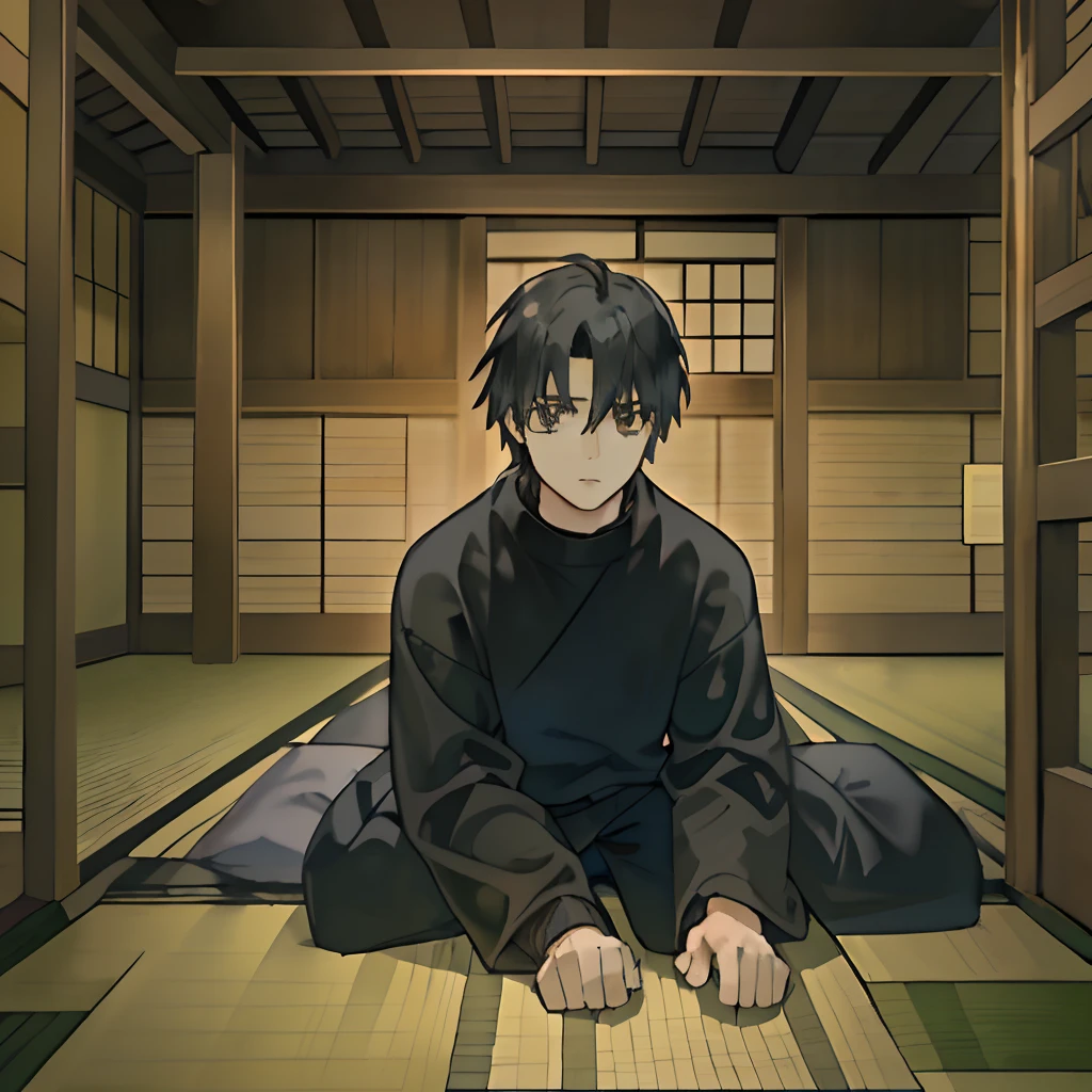 A boy with，with short black hair，Black sweatshirt，Lie on a tatami，The expression was dazed，In a Japanese-style wooden house，overhead photography