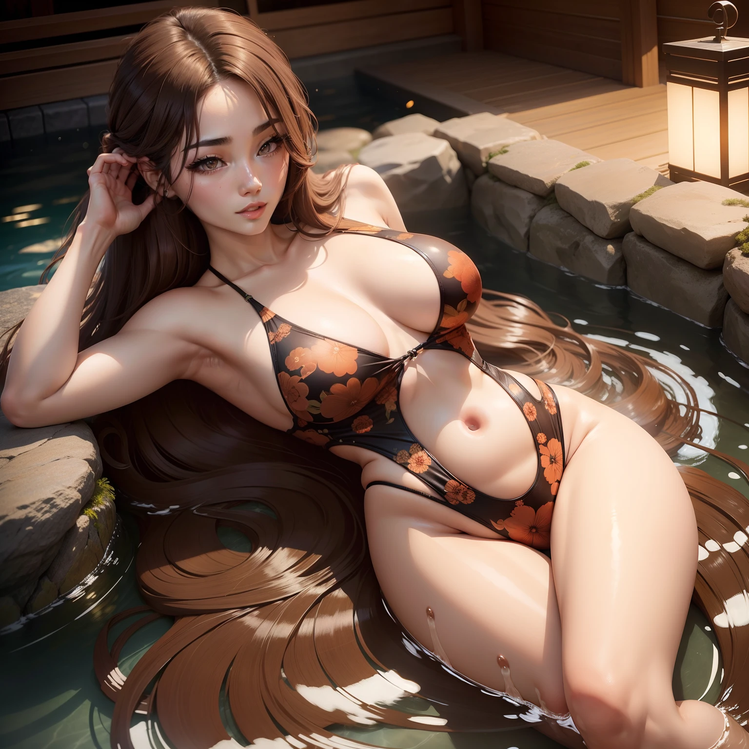 Sexy woman with long eyelashes double eyelids with long hair in bright brown color wearing swimsuit with fancy pattern in hot spring