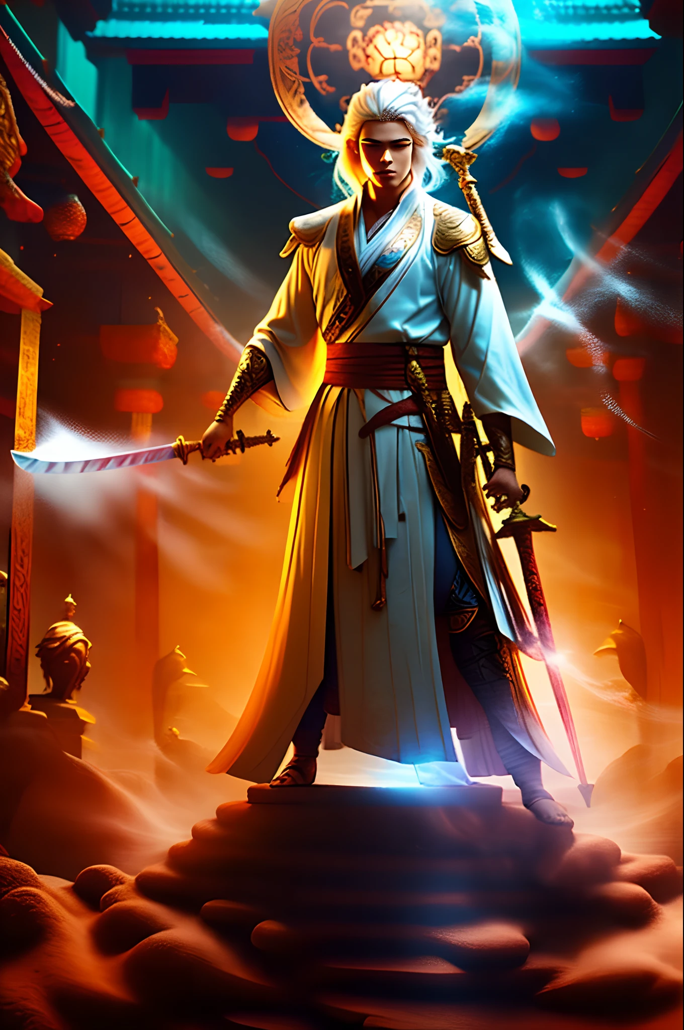 White-haired Daogu holding floating dust and sword Young and beautiful, good figure, tall and sexy, antique clothes, ethereal background