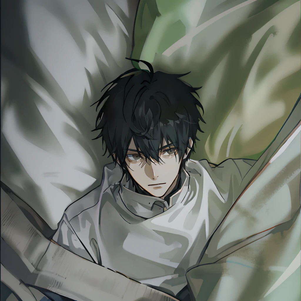 A boy with，with short black hair，Black sweatshirt，Sleep in bed，overhead photography，Open your eyes