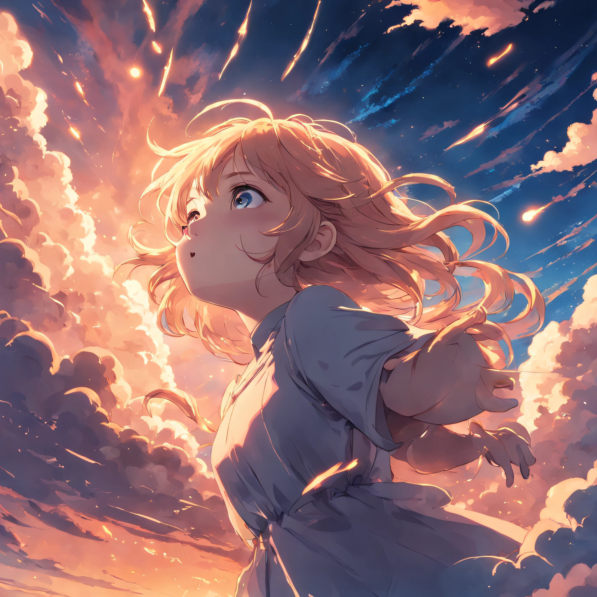 masterpiece, best quality, movie still, 1girl, cloud girl, floating in the sky, close-up, bright, happy, warm soft lighting, sunset, (sparks:0.7)