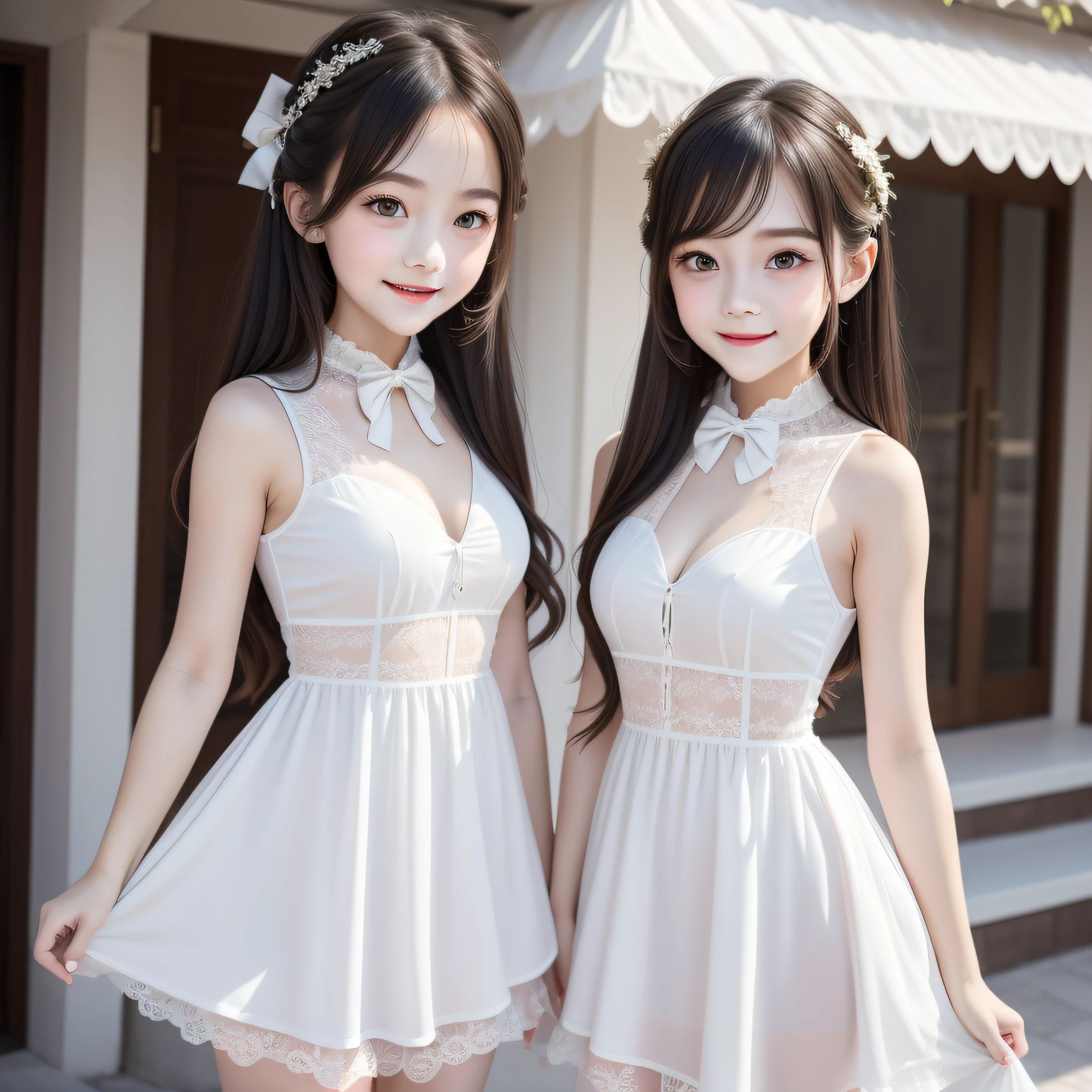 Twin girls（perfect bodies）Wear layered dresses（French，Retro，gentleness，Raised sexy，Pure desire，Mesh，Lace，Bow knot）Stand outside the building，smiling at camera（Delicate facial features，Bright eyes，Long eyelashes）