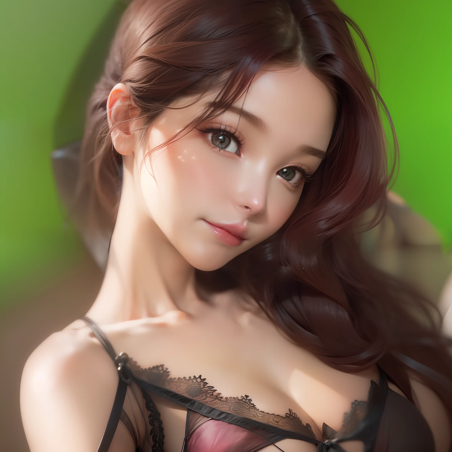 A gentle, beautiful and attractive woman, super low sweetheart black lace bra, half body photo, body facing forward, sexy provocative pose, beautiful and delicate face, pink lips, flushed face, shy face, fragrant shoulders slightly exposed, breasts Looming, focus on the face, seductive and delicate collarbone, ultra-high resolution, tender and smooth skin, very realistic details, simple background, ultra-high-definition, outstanding details, blushing face, attractive collarbone, sexy shoulders, double Blush cheeks, upper lip biting lower lip, smart eyes, extremely shy