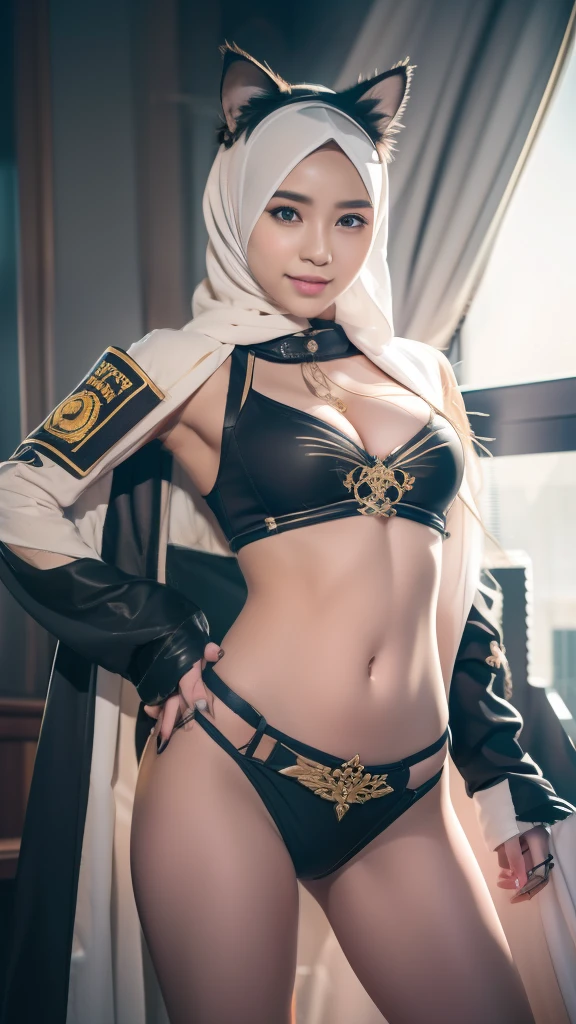 Malaysian girl ,malay, The whole body consists of a young girl with hijab, Eye makeup, 21yo, Cat ears, Soft lighting, Solo, Wear shabby clothes, Dirty, Tattered futuristic military uniform, Cat's paw badge, Pose, spot color, rendering by octane, Ultra-realistic intricate details, Cinematic, 8K resolution, 70mm, emphasis lighting, Global illumination, Full body portrait, clean detailed faces, Complex clothing, Cute face, Flat chest, Slim waist, Slim legs, Small hips