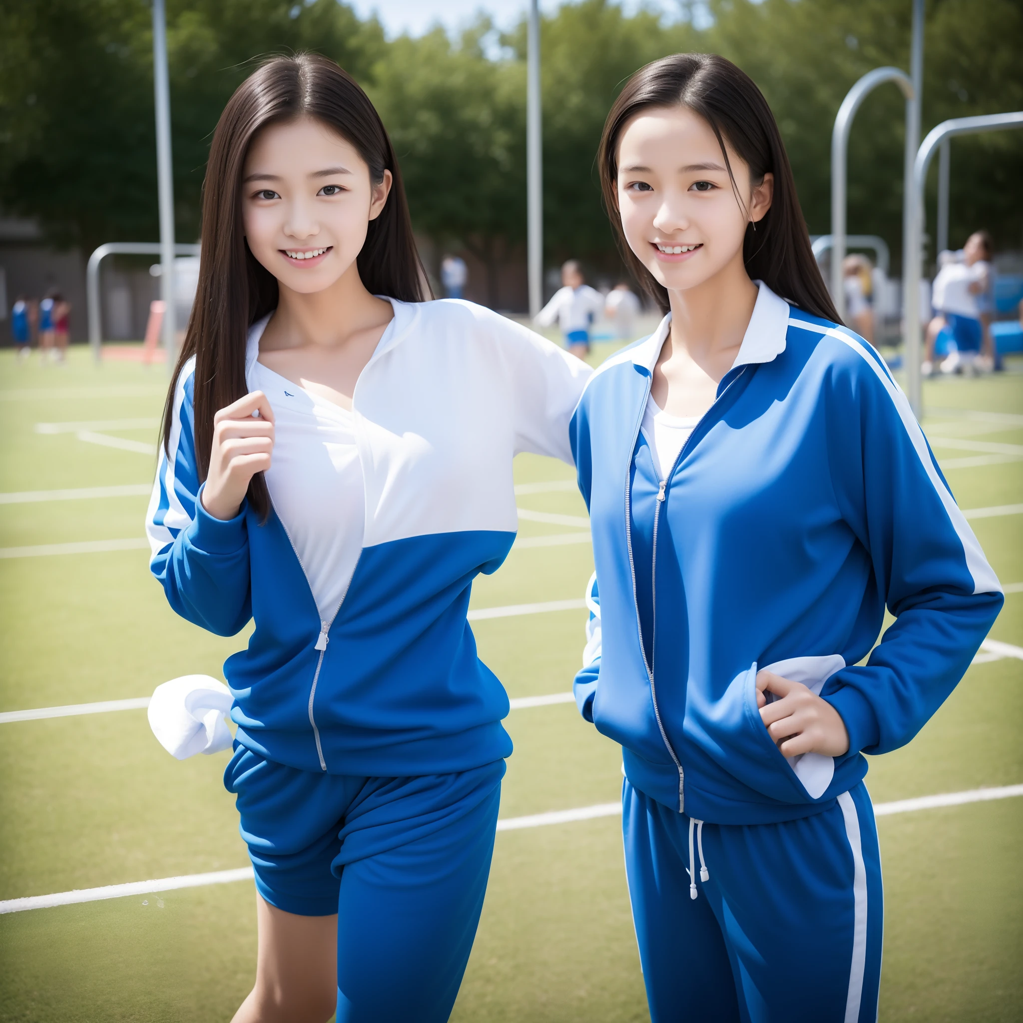Beautiful high school student playing in blue and white tracksuit playing on school playground,Super high value,perfect body figure,beautiful hairl,Delicate hair,Fair face and skin,Beads of sweat hang down,Have fun on the playground,big full breasts,Chest hyperexcion,Clothes are tight,Delicate fair and soft toes,detailed finger,fully body photo