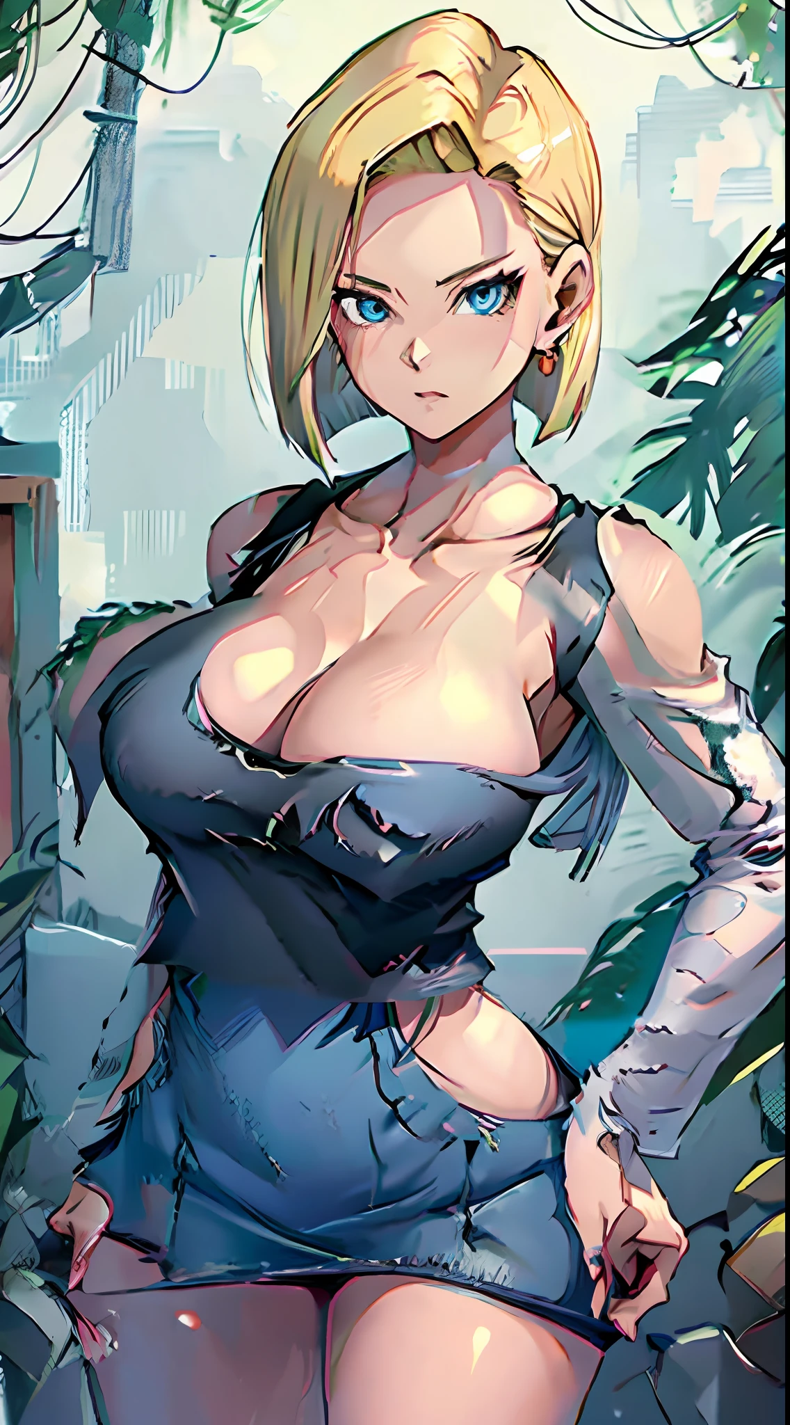 best quality, highres, and18, 1girl, android 18, solo, blonde hair, blue eyes, short hair, earrings, jewelry, denim vest, open vest, black pantyhose, black shirt, denim skirt, striped long sleeves, blue skirt, cowboy shot, street,  (Externally expanded Chest:1.2), (Strapless:1.2), off-the-shoulder,(Huge Breasts), wide hips, curvy, thin waist, looking at viewer, bare shoulders, full Body