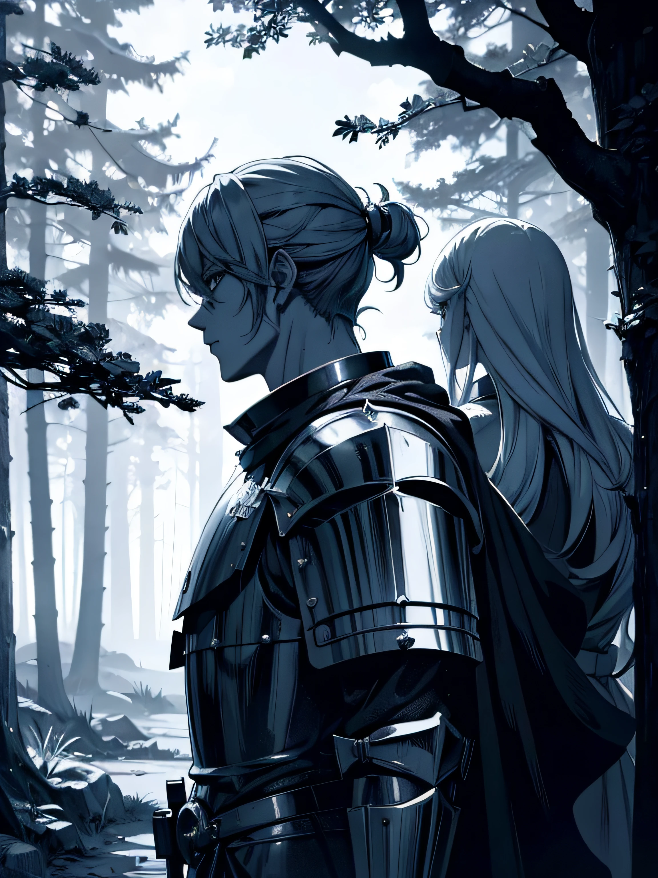 7 knights walking through the forest in the middle of the knight, side profile, as manga comic panel, manga drawing, manga shading, 4k, horror drawing