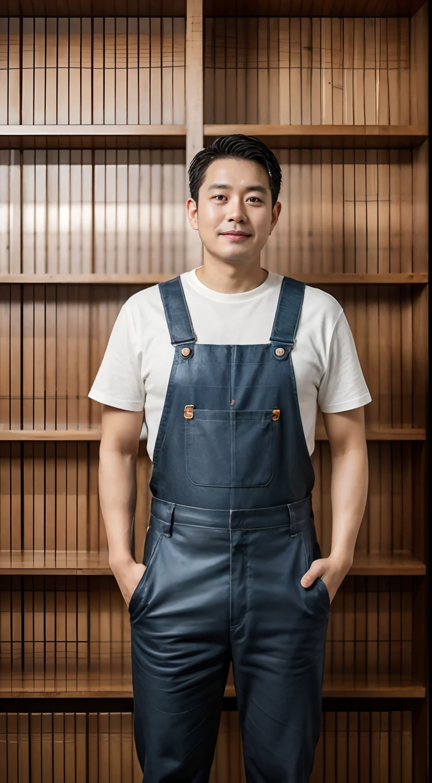 asian man,aged 40,a carpenter,Grow a beard,Wearing brown overalls,Behind are half-finished wooden bookshelves on the wall。