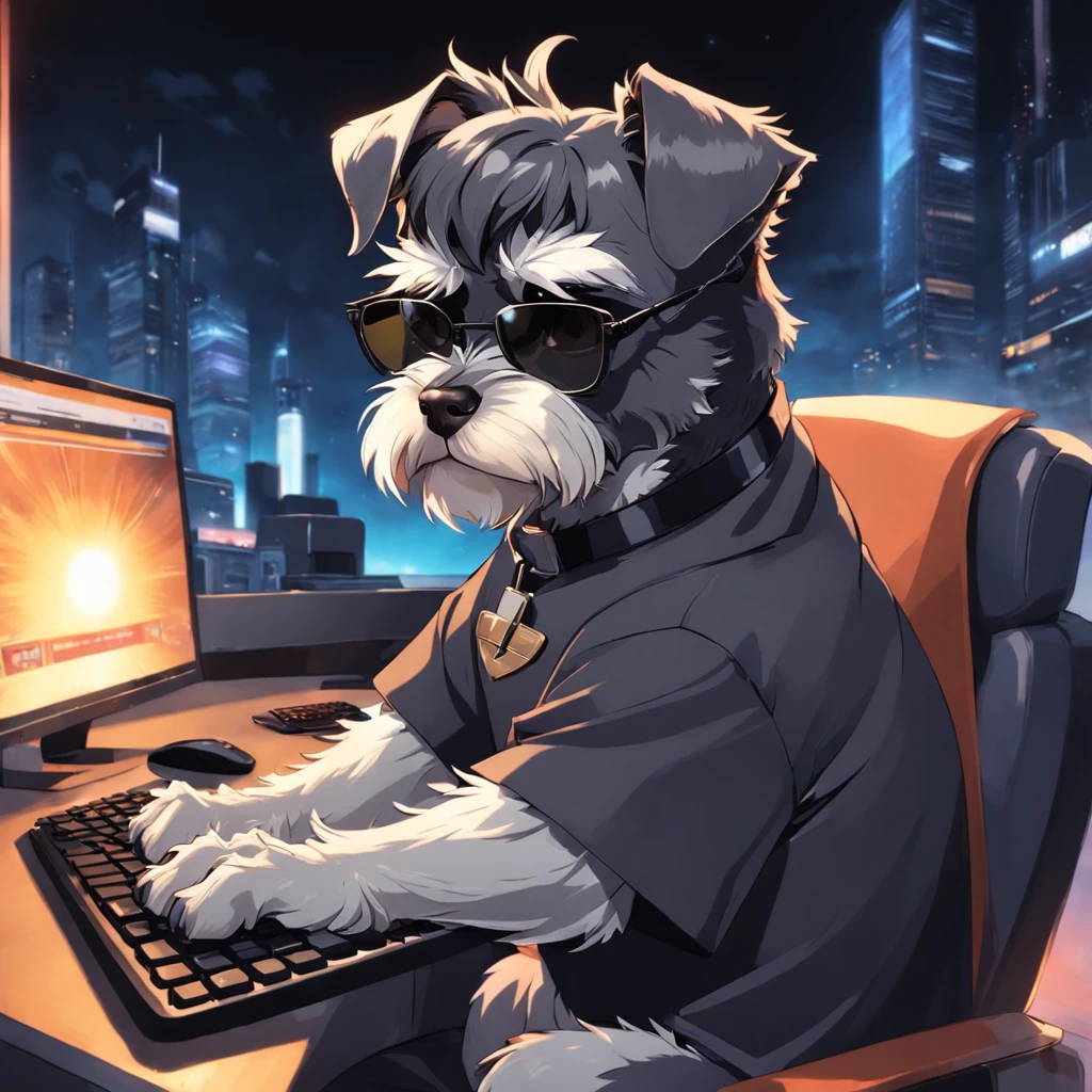 master part, um schnauzer, estilo matricial, casaco Preto, digitando num teclado, sentado em uma cadeira na frente do PC, sun glasses, Dynamic angle, best quality, 4k,