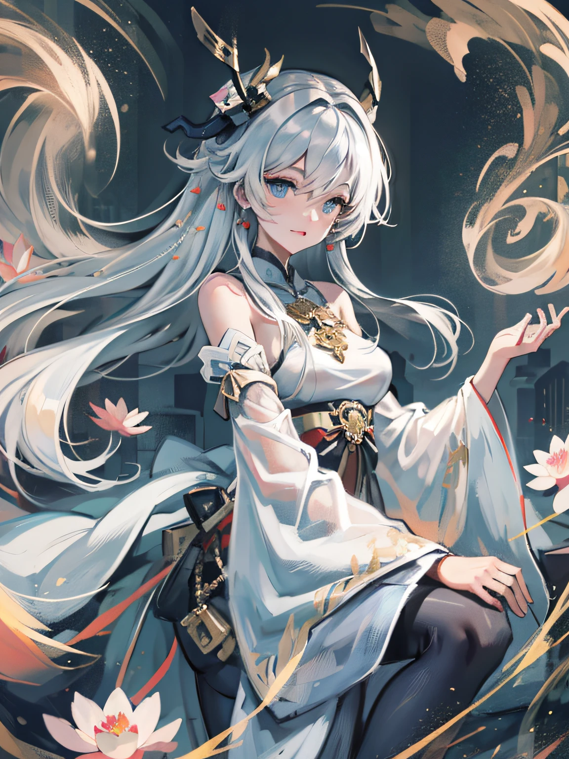 (((Masterpiece))), (((Best Quality: 1.4))), ((Super Detail: 1.4)),silber hair,1girl,18yr old,wearing a hanfu,Flowing tulle,Light silk,Bauhinia,Tianshan snow lotus,clean color,Decisive cut,Leave white space,impressionistic,tmasterpiece,ultra-detailliert,Epic composition,hyper HD,8k,Look from the bottom up,Long leg proportional composition,The golden dragon,White Dragon,blue color eyes,Domineering,Brahm,exquisite detailing,quadratic element,Wear leggings,adolable,Fleshy face,Half-body diagram,Gold-accented details,Genshin style,live2D rendering