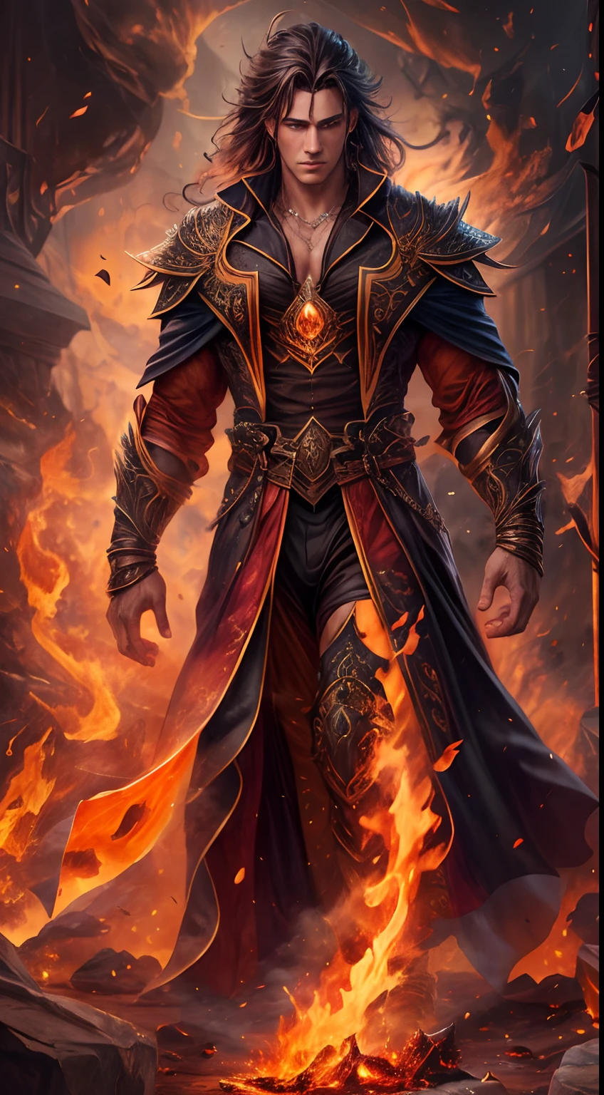 this (Realistic fantasy) Art contains coals, A real flame, Real heat, and realistic fire. Create a masterpiece of art from a male fire mage with an athletic physique., wide shoulders. A fire mage that inspires awe and is beautiful ((Realistic fiery eyes)) Glow with confidence and strength. Masculine features are elegant and clearly defined, with ((massive chin, nose with a hump)), Realistic shading. Men's eyes are important and should be the focus of this work of art, with ((Extremely realistic details, Macro information, and flickers.)) The man is dressed in a suit with a cloak and rough patterns, which flicker in the light of the fire. Trickles of fire and smoke line an intricate pattern on the collar of the cloak. Turn on bumps, Stones, fiery iridescence,,, slag, Silk, Satin & Leather, interesting background, and heavy fantasy elements. Camera: Use dynamic composition techniques, To enhance realistic flames.