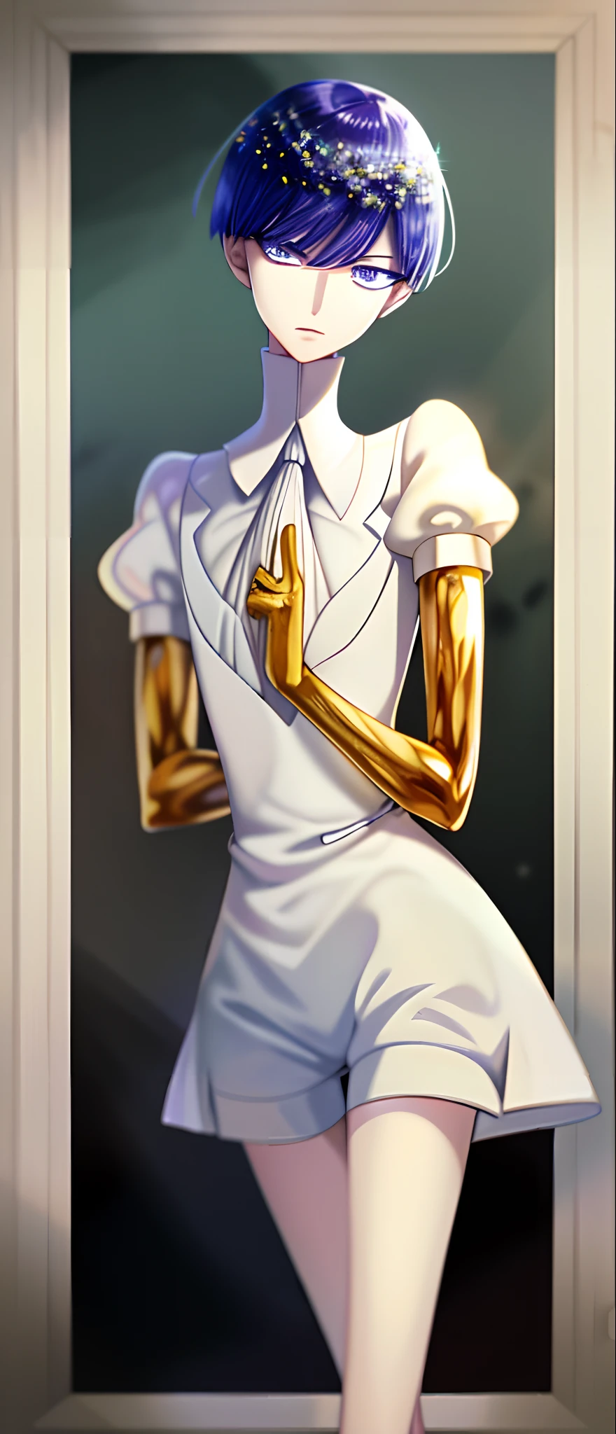 phosphophyllite standing on the beach, golden arms, crystal hair, heterochromia, blue eyes, white eyes, colored eyelashes, gem uniform, necktie, puffy short sleeves, shorts