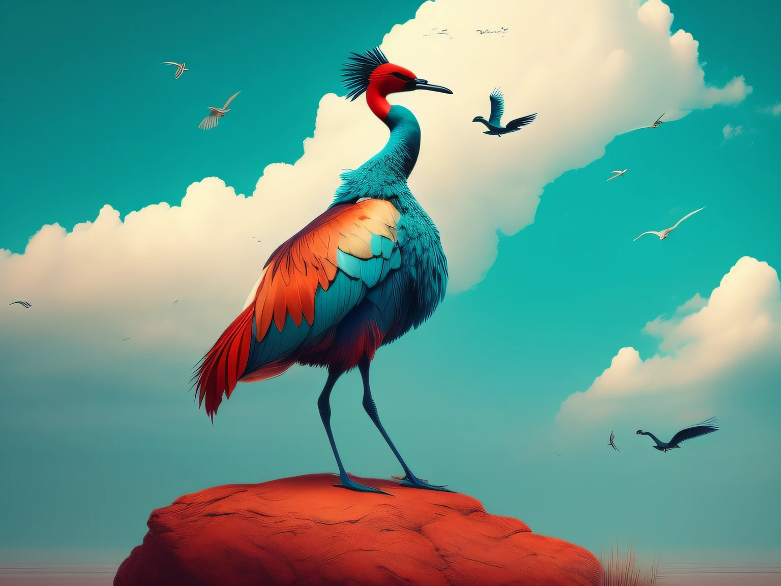 There is a one-legged red-crowned crane standing on a rock in the grass, Cyan back feathers，Red belly feathers，White mouth，a digital painting inspired by Mike Winkelmann, cgsociety contest winner, Fantasy art, fiery bird, birds f cgsociety, Beautiful digital artwork, surrealistic bird, Fantasy art Behance, stunning digital illustration, artwork of a phoenix, surrealistic bird, trend on behance 3d art