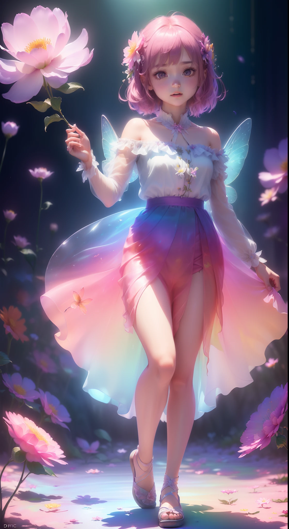 (((A girl))，Long skirt，（(the Flower Fairy)），(Colorful wings），Fly among the flowers，Irridescent color，The Arthur effect, Gradient translucent glass melt, Caustics, Glass texture, Irridescent color, Designed by Dietrams, Simple, Glows in high detail, studio lit, C4D, OC renderer, Clean shadows, 4K