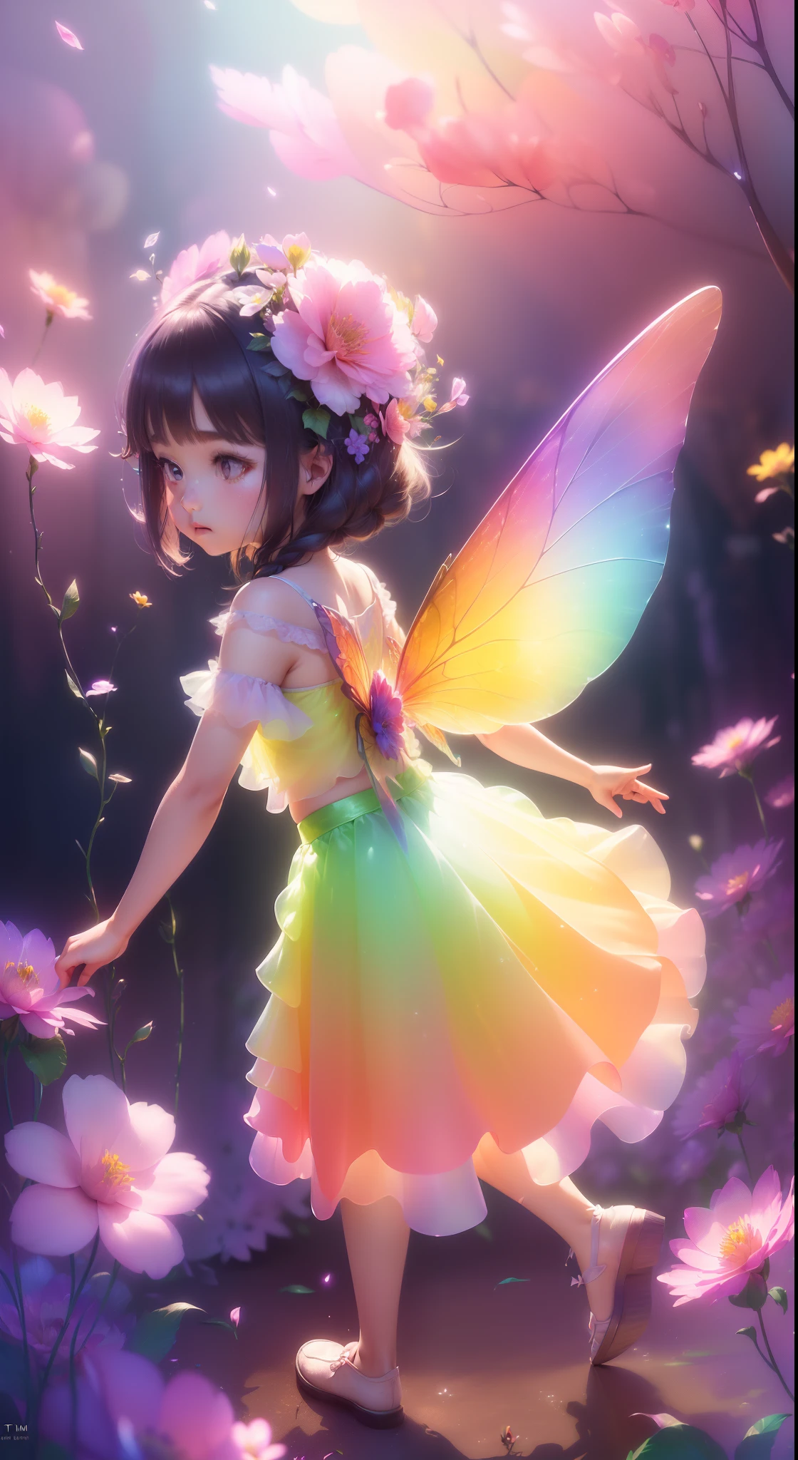 (((A girl)),Long skirt,((the Flower Fairy)),(Colorful wings),Fly among the flowers,Irridescent color,The Arthur effect, Gradient translucent glass melt, Caustics, Glass texture, Irridescent color, Designed by Dietrams, Simple, Glows in high detail, studio lit, C4D, OC renderer, Clean shadows, 4K