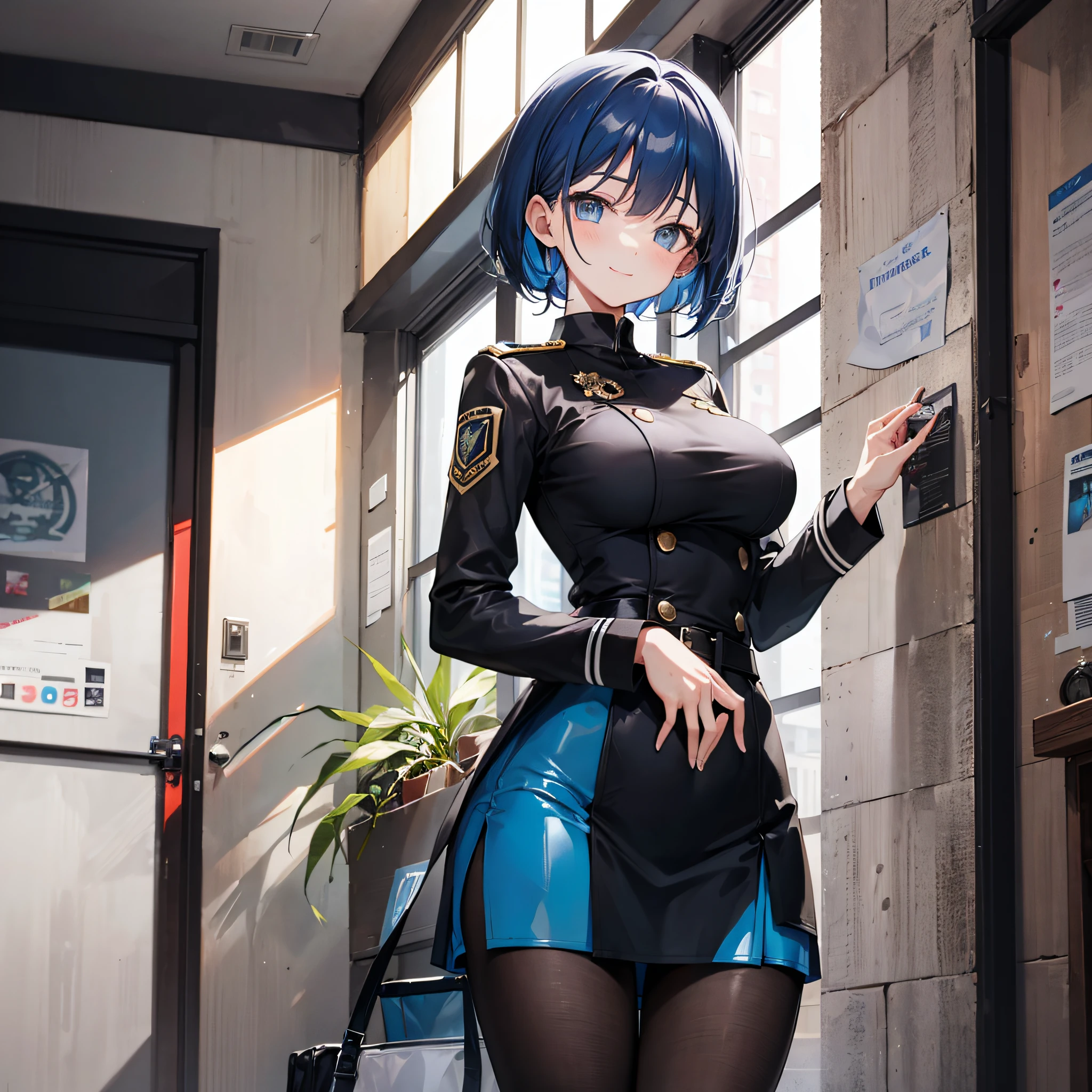 medium blue hair、black police uniform, indoor hall,tight skirt、slim waist、perfect symmetrical face with blush cheeks,ultra detailed,amazing fine details,high resolution,all intricate,awesome many layers,detailed surface texture,gloss and shiny,glamorous perfect female proportion,large breasts、Masterpiece、high level image quality、Official picture、sensitive smile、evil smile、solo、1girl、looking at viewer