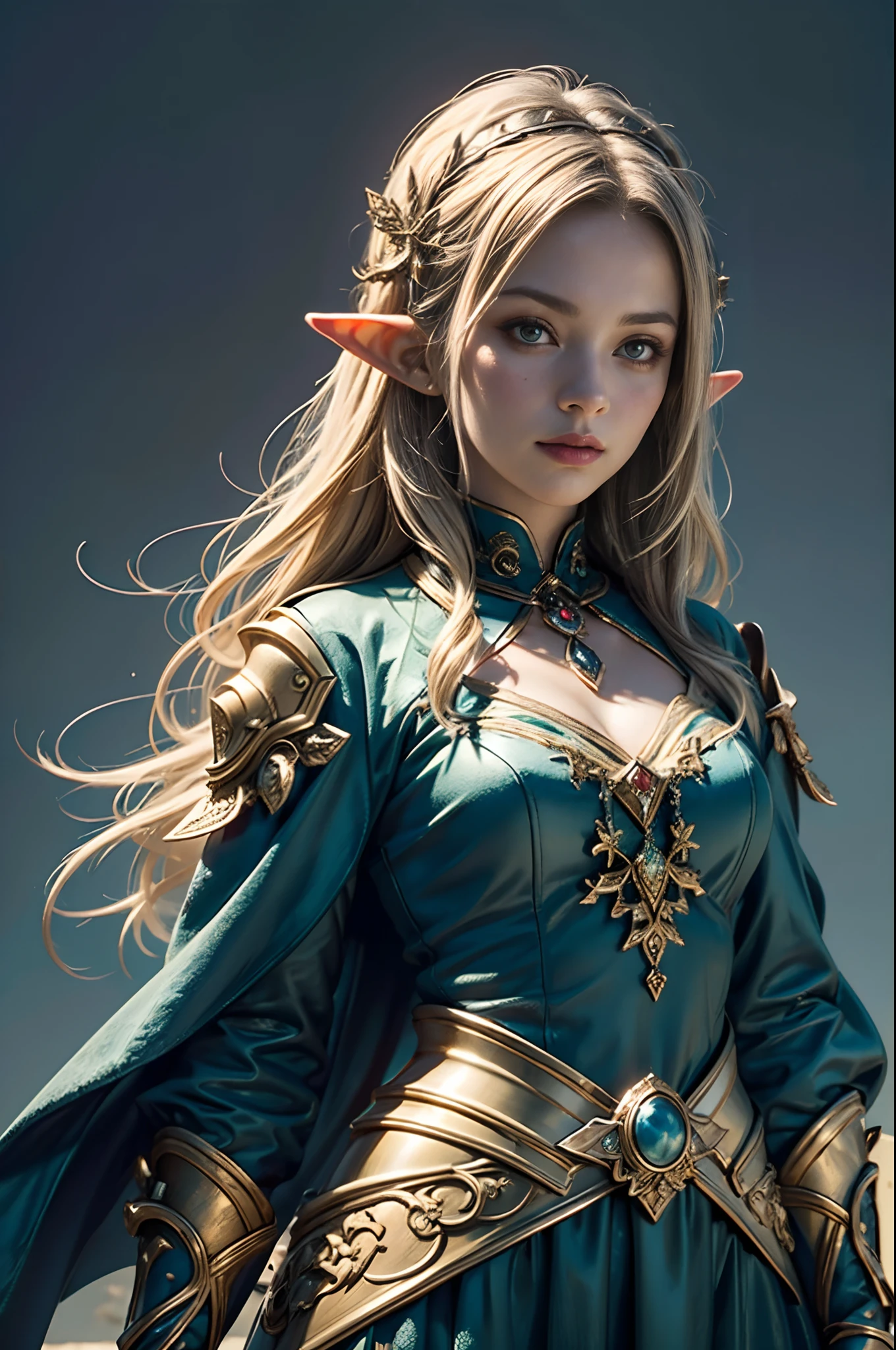 (masterpiece, top quality, best quality, official art, beautiful and aesthetic:1.2), (1 Elf warrior girl), wearing extremely detailed plate mail, long shapeless hair, (fractal art:1.3),colorful,highest detail, cinematic lighting, elven city background.