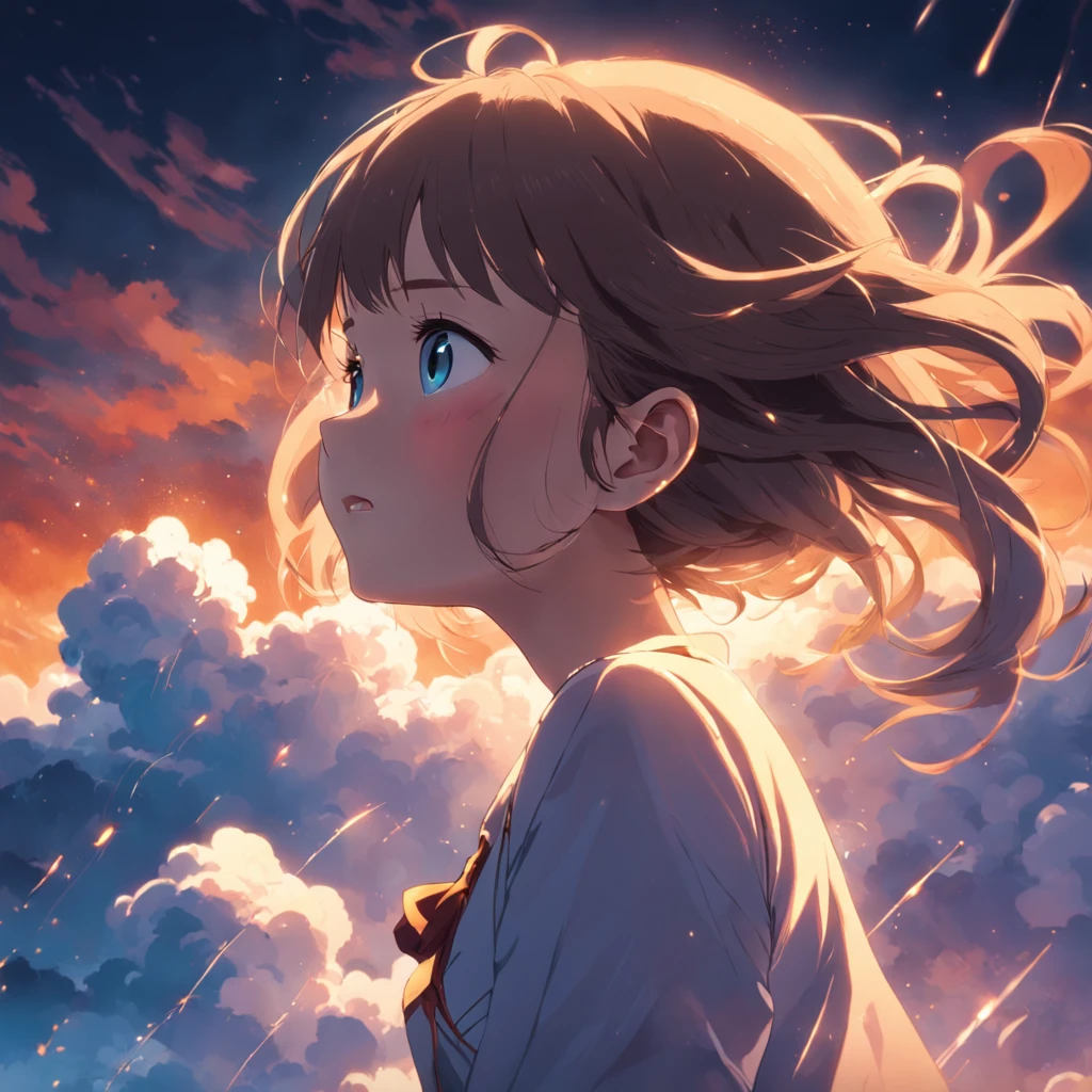 masterpiece, best quality, movie still, 1girl, cloud girl, floating in the sky, close-up, bright, happy, warm soft lighting, sunset, (sparks:0.7)