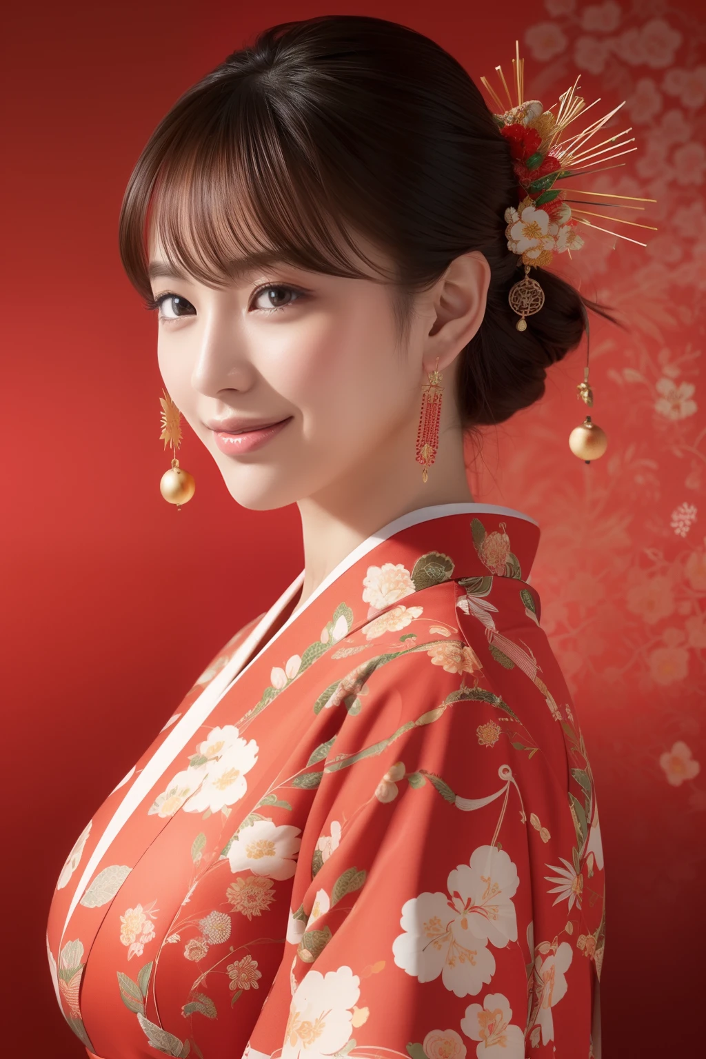 ((Masterpiece, highest quality, super definition, high resolution)), ((body shot:1.5)), looking back, (1 slender woman of Japan, 28 years old), sony a7, Film grain, a dark night, Photorealistic, one-point perspective, diffuse reflection, colorful shiny particles, Lens Flare, Soft lighting, seductive smile, Dark Brown Hair, ((Hair up)), (Red Fine Floral Pattern:1.4), (Fine hair ornaments:1.3), Ultra Detailed Face, Detailed Eyes, Double Eyelids, Wearing a traditional patterned Japan kimono:1.3, BREAK (Red background, (Random Japanese Pattern Background), gradation:1.3), High Quality, 4K,