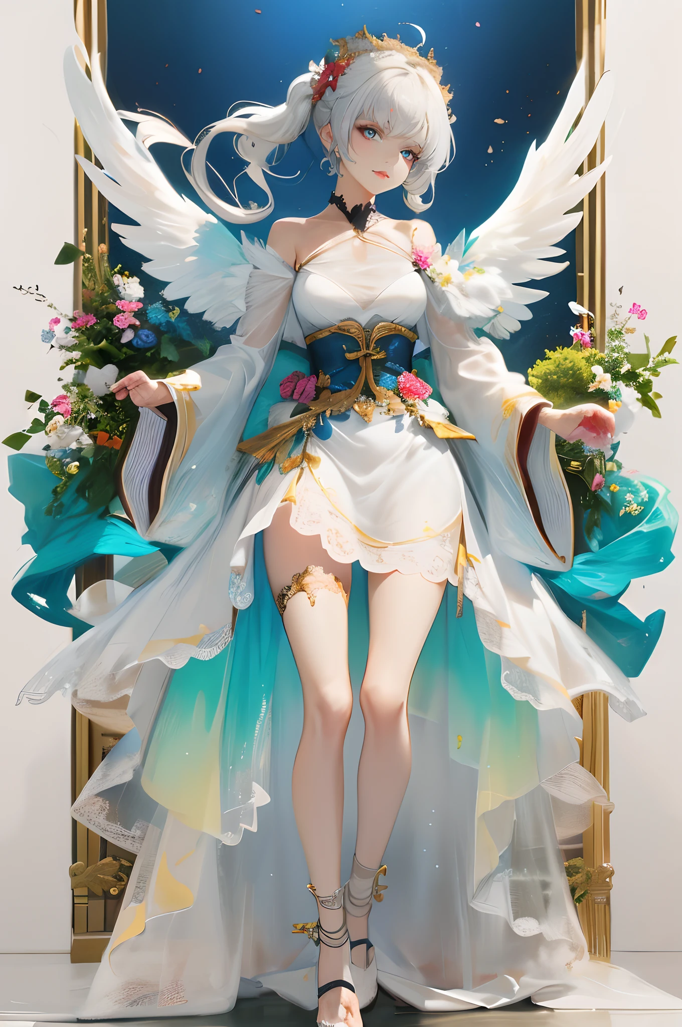 anime - style image of a woman in a white dress with wings, Guweiz in Pixiv ArtStation, Guweiz on ArtStation Pixiv, 8K high quality detailed art, Anime goddess, Guviz, Detailed digital anime art, beautiful angel, beautiful angel, full - body majestic angel, trending on artstation pixiv