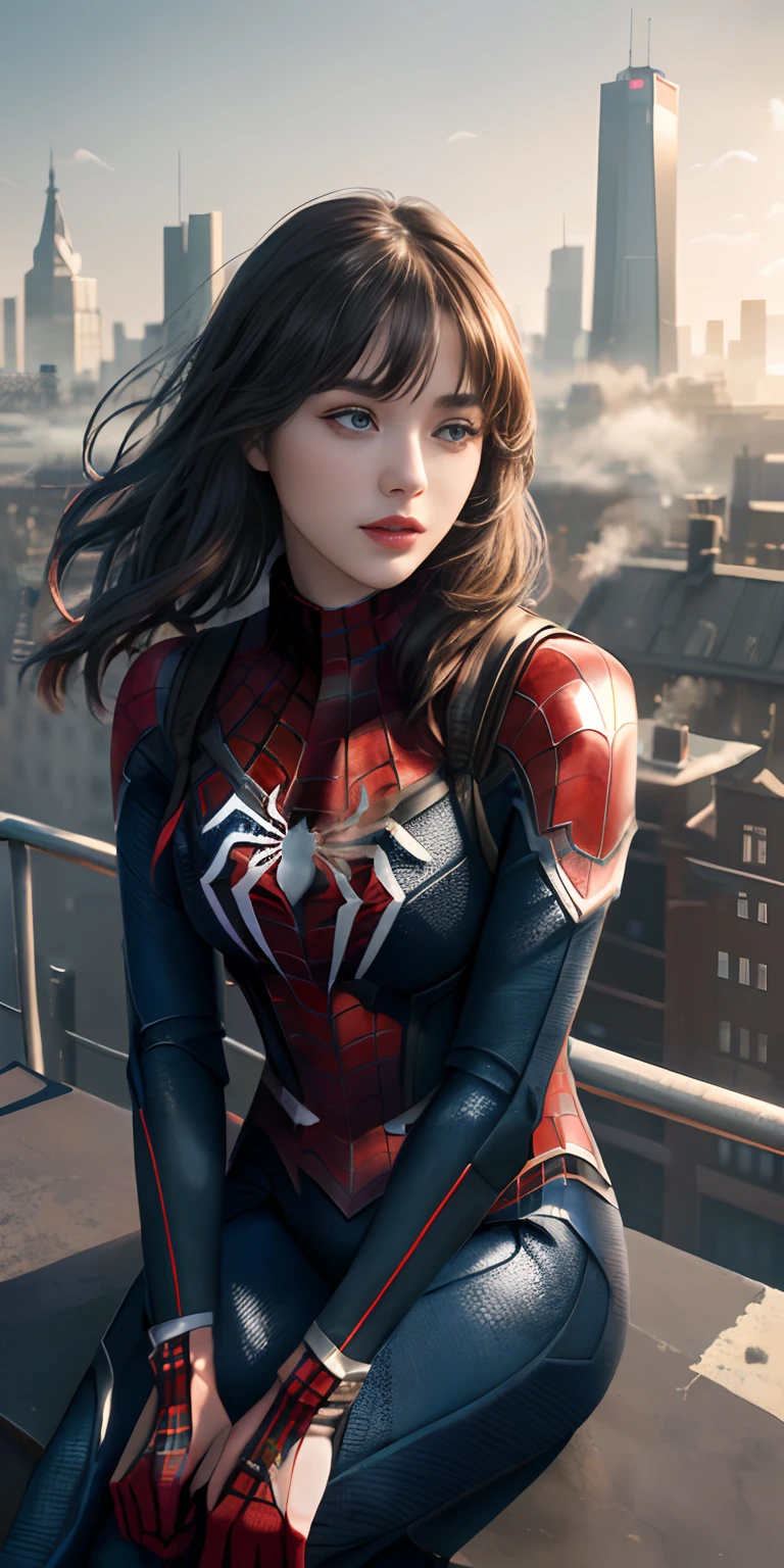 (1girl:1.3), Solo, (((Very detailed face)))), ((Very detailed eyes and face)))), Beautiful detail eyes, Body parts__, Official art, Unified 8k wallpaper, Super detailed, beautiful and beautiful, beautiful, masterpiece, best quality, original, masterpiece, super fine photo, best quality, super high resolution, realistic realism, sunlight, full body portrait, amazing beauty, dynamic pose, delicate face, vibrant eyes, (from the front), She wears Spider-Man suit, red and black color scheme, spider, very detailed city roof background, rooftop, overlooking the city, detailed face, detailed complex busy background, messy, gorgeous, milky white, highly detailed skin, realistic skin details, visible pores, clear focus, volumetric fog, 8k uhd, DSLR, high quality, film grain, fair skin, photo realism, lomography, futuristic dystopian megalopolis, translucent