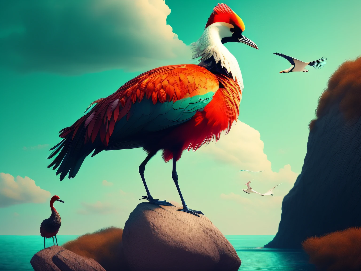 There is a one-legged red-crowned crane standing on a rock in the grass, Cyan back feathers,Red belly feathers,White mouth,a digital painting inspired by Mike Winkelmann, cgsociety contest winner, Fantasy art, fiery bird, birds f cgsociety, Beautiful digital artwork, surrealistic bird, Fantasy art Behance, stunning digital illustration, artwork of a phoenix, surrealistic bird, trend on behance 3d art