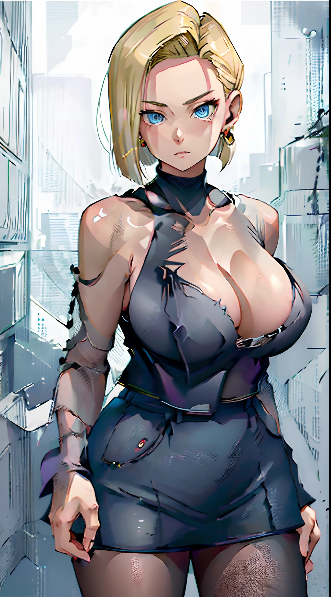 best quality, highres, and18, 1girl, android 18, solo, blonde hair, blue eyes, short hair, earrings, jewelry, denim vest, open vest, black pantyhose, black shirt, denim skirt, striped long sleeves, blue skirt, cowboy shot, street,  (Externally expanded Chest:1.2), (Strapless:1.2), off-the-shoulder,(Huge Breasts), wide hips, curvy, thin waist, looking at viewer, bare shoulders, full Body
