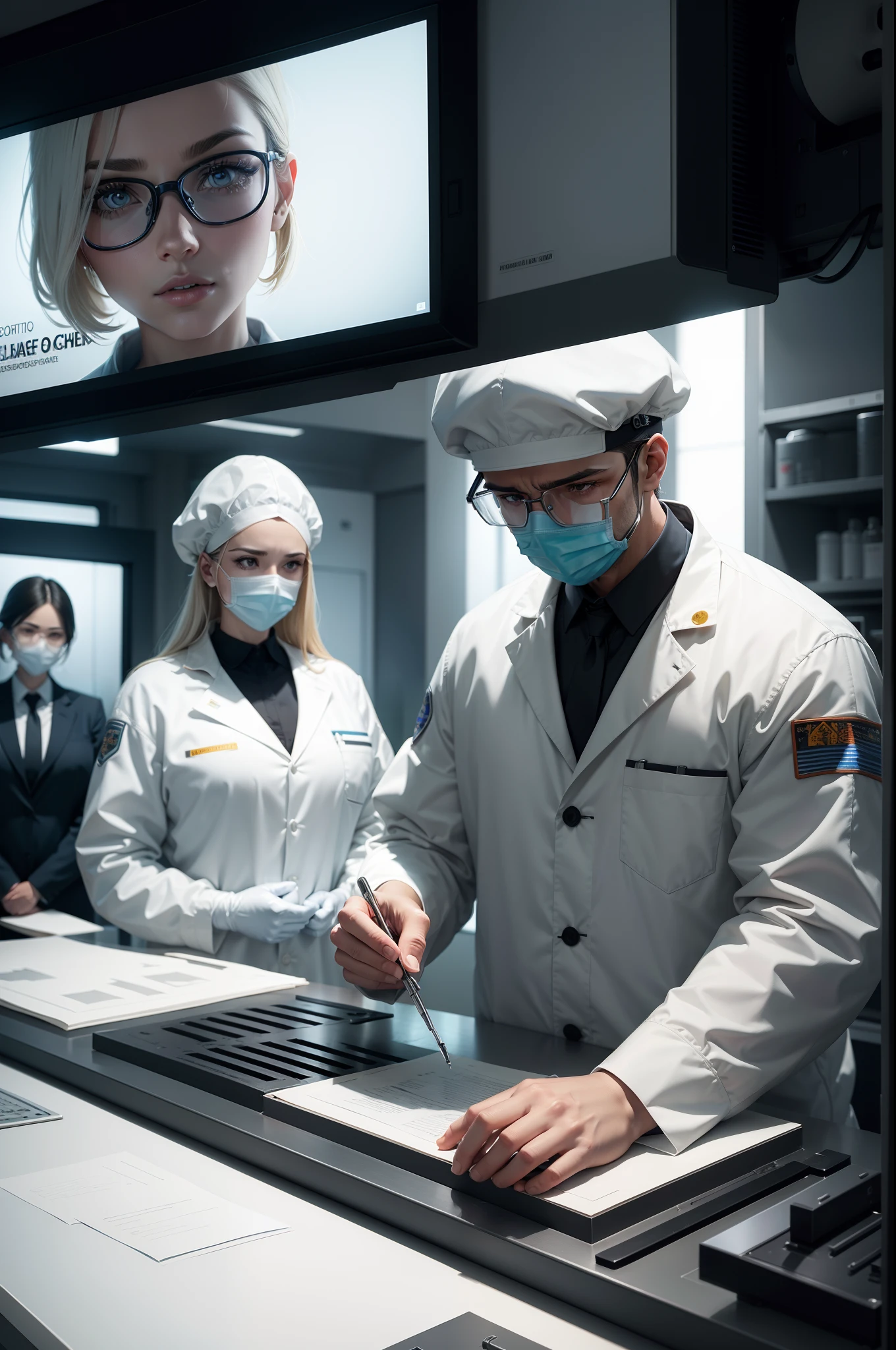 Image Description: The image depicts a forensic laboratory setting, with forensic scientists in white lab coats meticulously examining evidence under bright lights. In the background, a digital banner in blank, base the image on grand thef auto series image, detailed faces, poses armoniosas, luces perfectas, hiper realismo, ultra detalles, the coroners are wearing security glasses