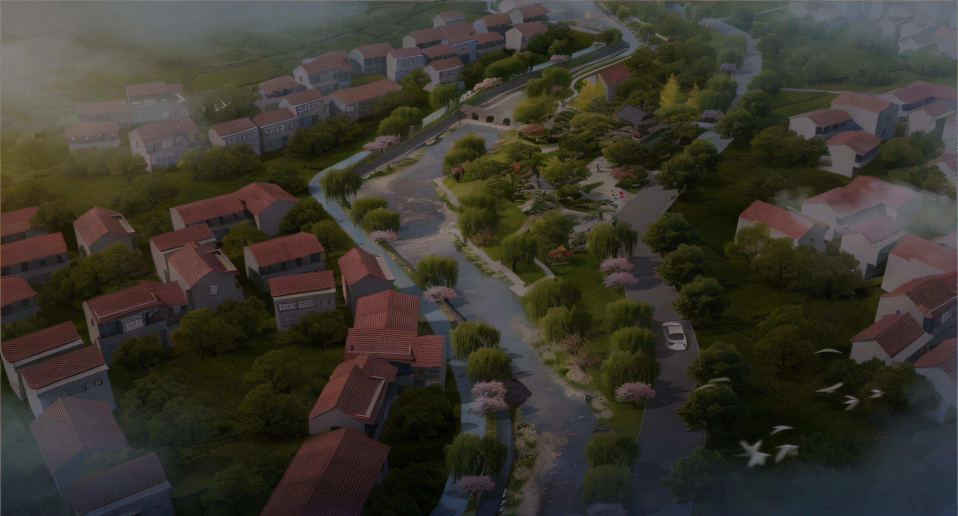 concept-art，A high resolution，[（The art of Willie Baumeister：1.1），（John T.Biggs' art：1.2）：：17]，offcial art，Unity 8k壁纸，ultra - detailed，aesthetics，tmasterpiece，best qualtiy，realisticlying，Aerial view of the scenic area，A stream runs through it, residential area, Riverside, Chinese village, Beautiful rendering of the Tang Dynasty, Night view（1.4）, barycentric subdivision, rivulets, Beautiful image, Village, upper view, photorealistic image, dreamy Chinese towns, blissful, hyper realisitc, Hyper-realistic, hyper - realistic