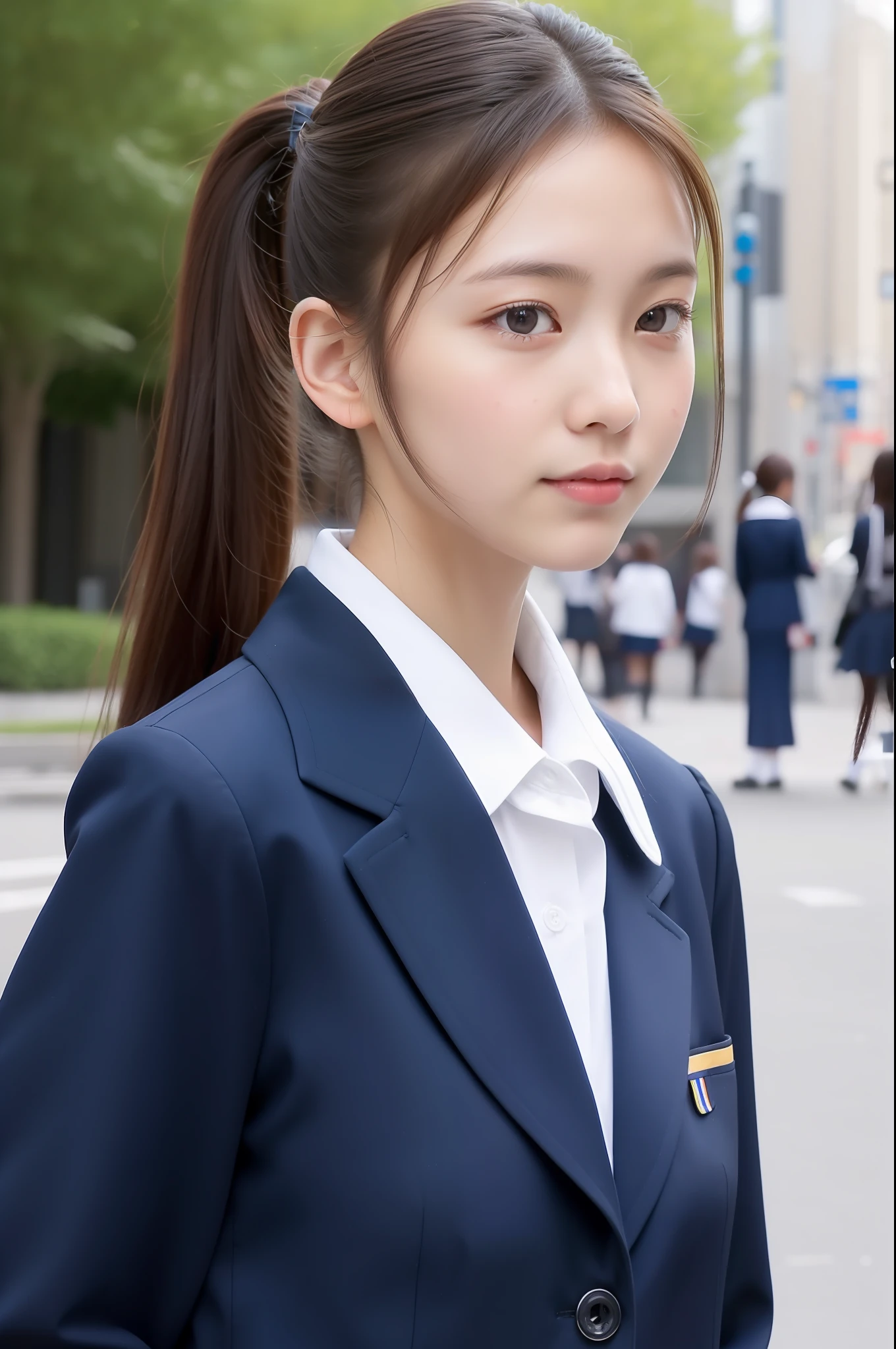 high-level image quality、In the street、Only 1 person、(Beautiful schoolgirl in school uniform and good style ponytail)、up of face