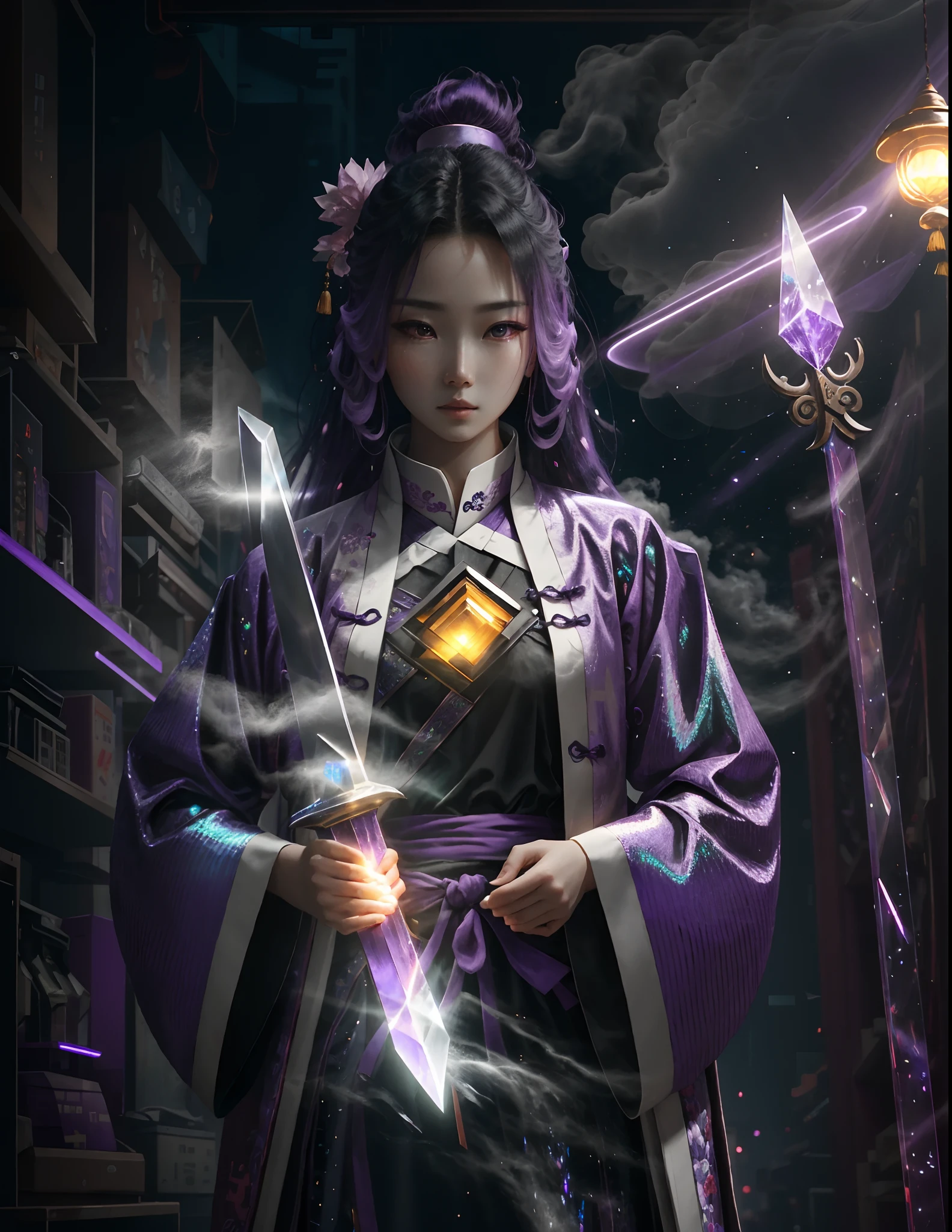 A handsome Chinese girl wearing Hanfu,Clear facial features,She has long purple hair,Make martial arts moves,Sharp eyes,Just holding a purple longsword with soft edges,Fighting,Surrounded by purple mist,Surrounded by broken purple mirrors behind him,In the background is a huge crystal halo。The ambience is cyberpunk,afofuturism,Cinematic lighting effects,Holographic reality,holographic halo,Game Light,cinematic rim light,The light is delicate,arte 3D,full lenght shot。