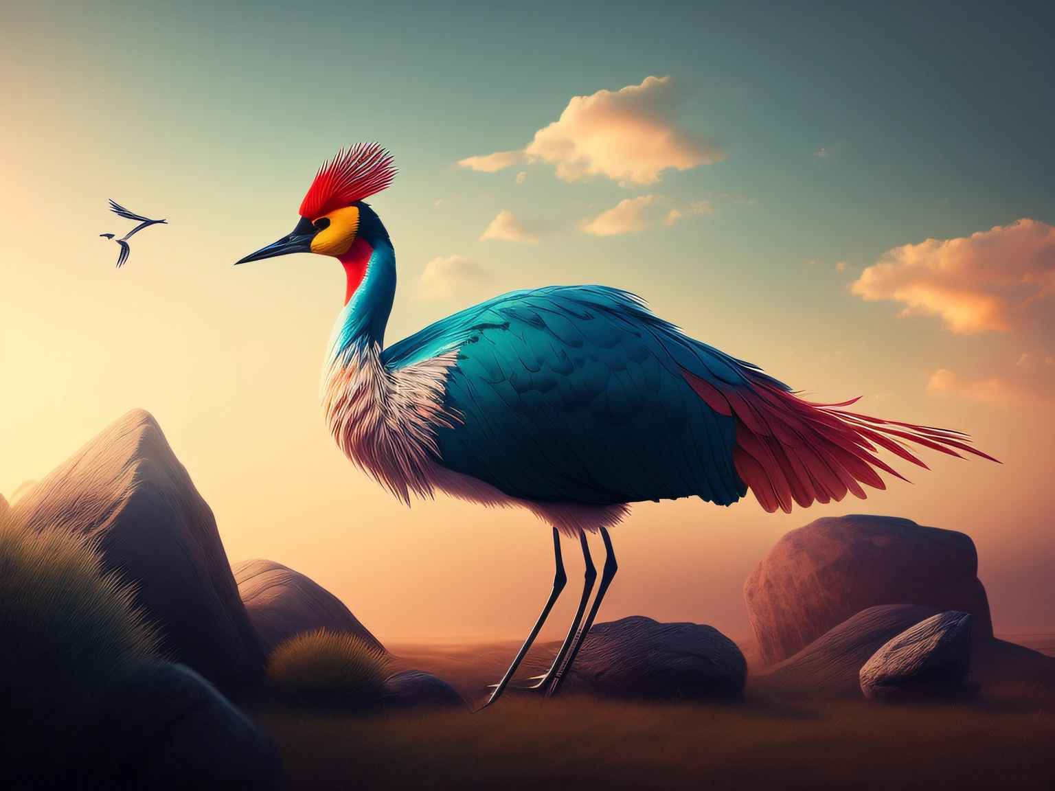 There is a one-legged red-crowned crane standing on a rock in the grass, Cyan back feathers，Red belly feathers，White mouth，a digital painting inspired by Mike Winkelmann, cgsociety contest winner, Fantasy art, fiery bird, birds f cgsociety, Beautiful digital artwork, surrealistic bird, Fantasy art Behance, stunning digital illustration, artwork of a phoenix, surrealistic bird, trend on behance 3d art