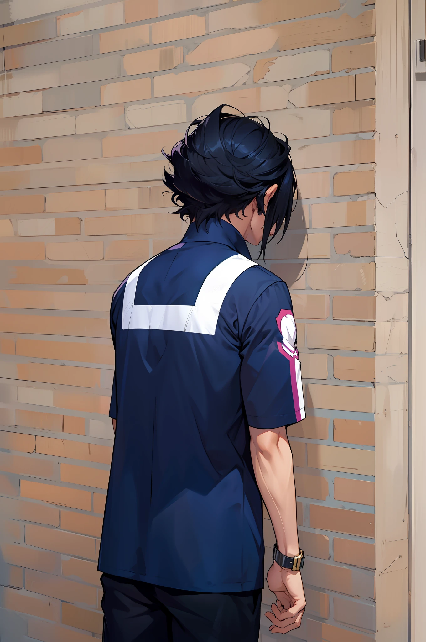(Boku no hero), (((1boy))), ((tonificado)), foco masculino, obra-prima, alta qualidade, (obra-prima:1.2), (melhor qualidade:1.2), pele brilhante, realista, ornamentada, intrincada, (((cabelos pretos))), (cabelos curtos), virado de costas, solo, camisa azul, FH, dinamic pose, (sombras projetadas sobre o rosto:1.3), (parte superior do corpo)