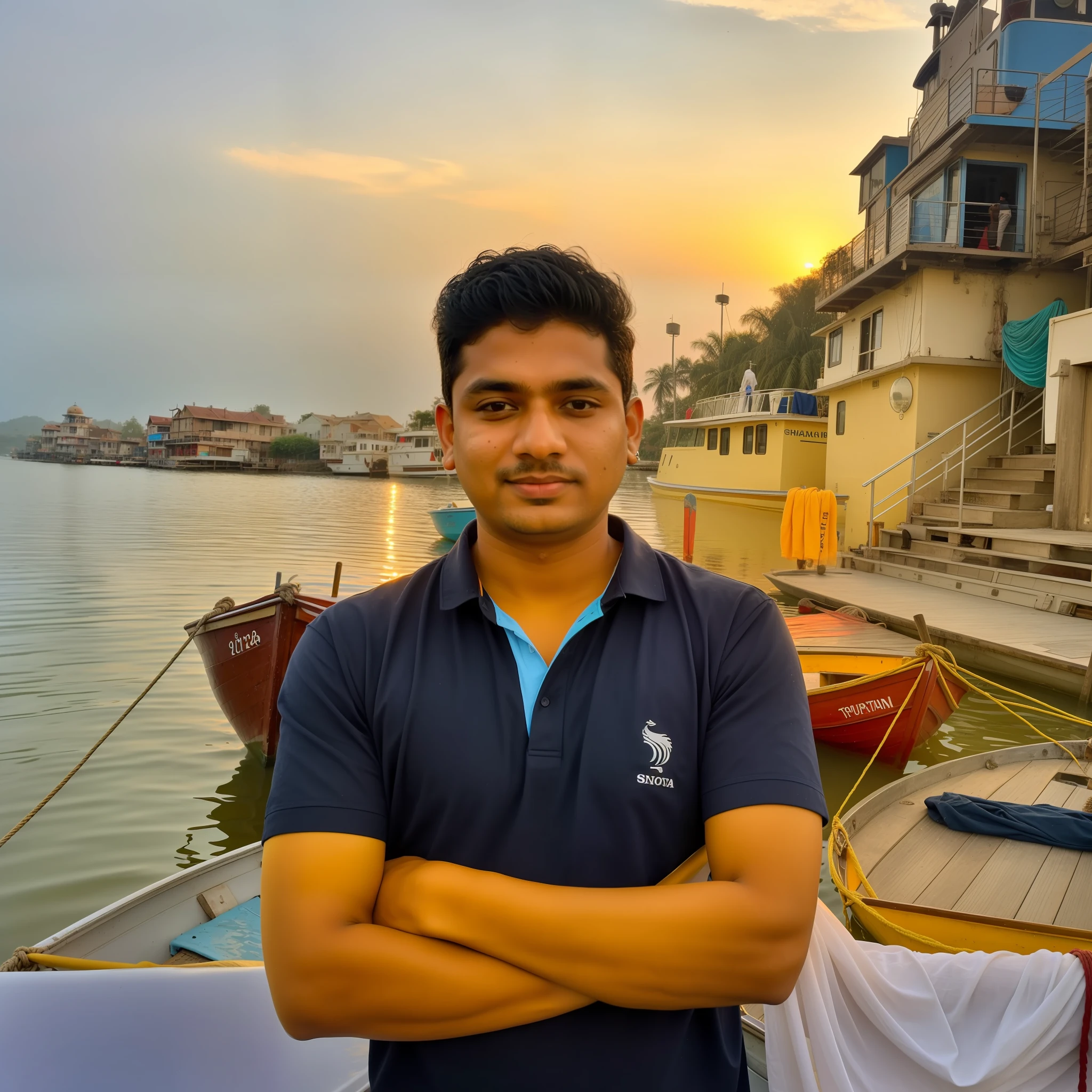 there is a man standing on a boat in the water, by Rajesh Soni, photo taken in 2 0 2 0, very artistic pose, around 1 9 years old, photo taken with sony a7r camera, inspired by Kailash Chandra Meher, by Kailash Chandra Meher, taken at golden hour, during sunset, viral post, with a cool pose