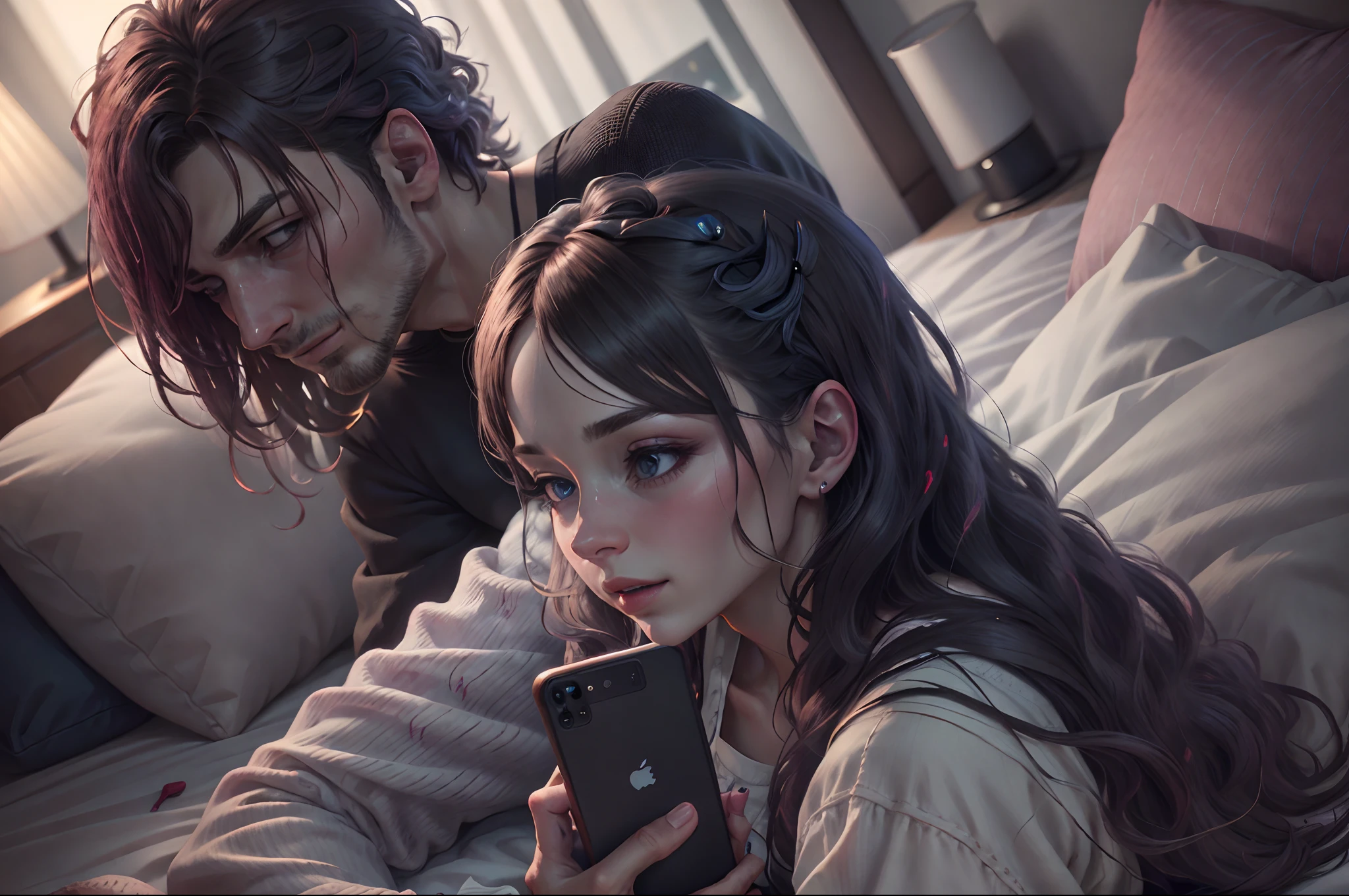 A man and a woman playing games in bed