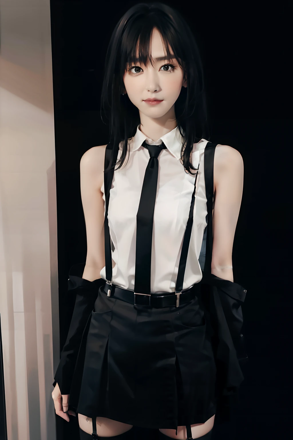 a black skirt, neck tie, Tank Tops　suspenders, Long Black Hair, Gray eyes, holster, Garter belt on the legs, , Moderately breasts, Pichi Pichi clothes, both sides　deadpan　Behind