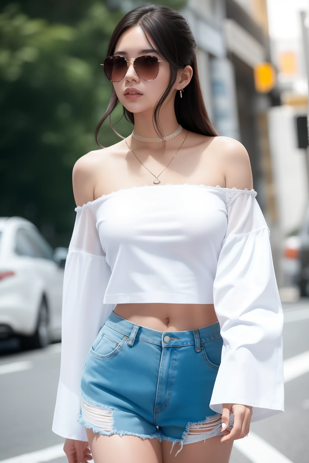 A woman in a white blouse and denim shorts walks down the street, off-the-shoulder shirts, wearing sexy cropped top, White top, wearing a cropped top, wearing a cropped top, wearing a crop top, Crop top, wearing a crop top, wearing a cute top, croptop, cropped wide sleeve, korean women's fashion model, white trendy clothes