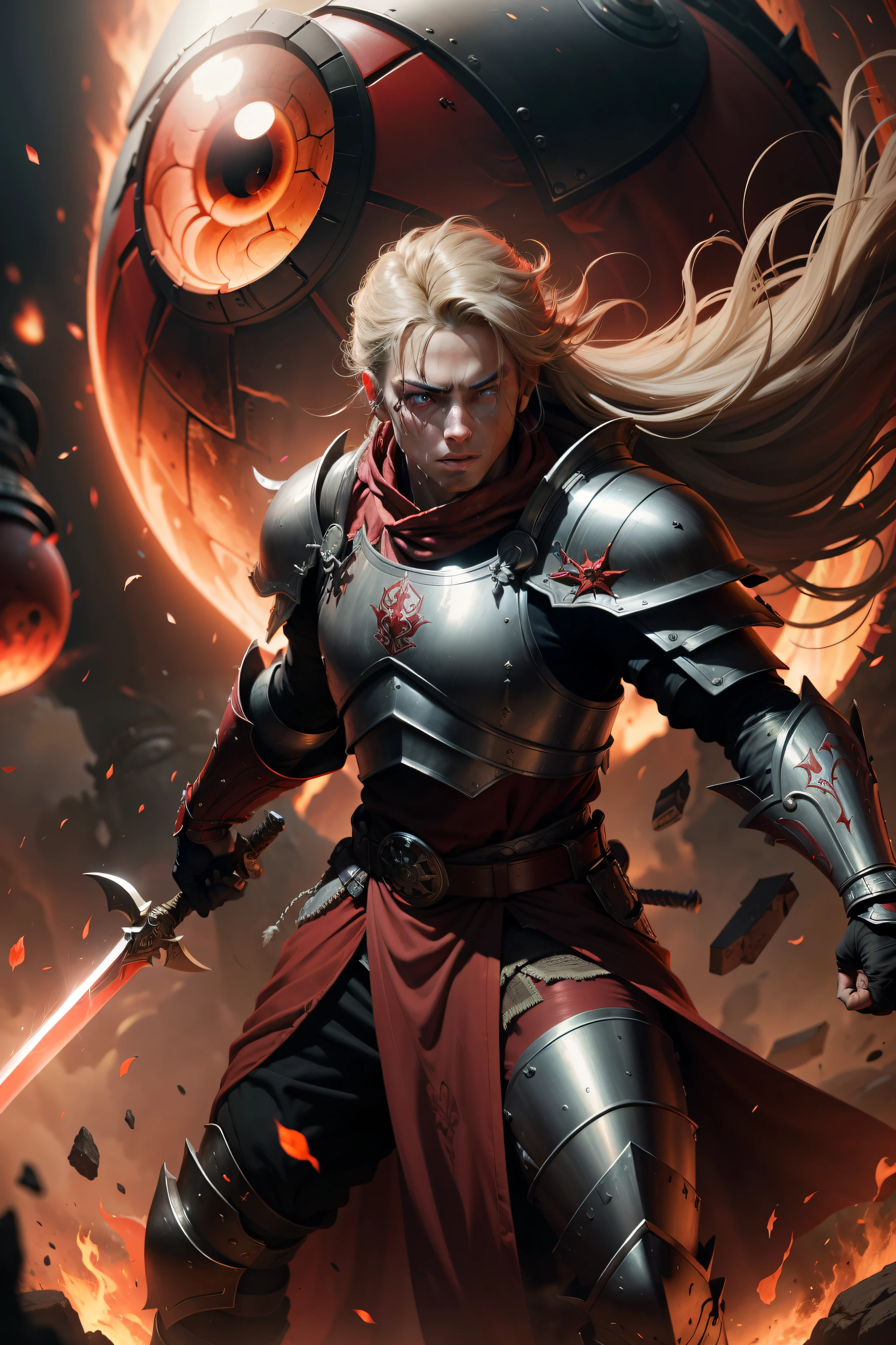 A warrior with a sword,Wearing armor,Dressed in a red robe,Fight a giant eyeball monster,SENSE OF CINEMA,Extreme light efficiency,Very oppressive