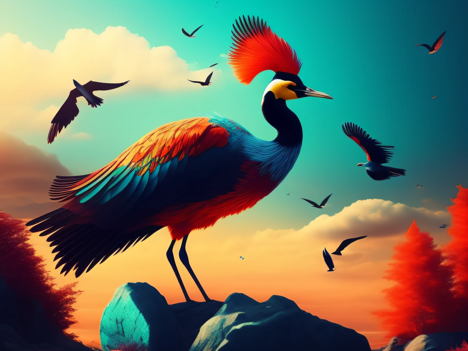 There is a one-legged red-crowned crane standing on a rock in the grass, Cyan back feathers，Red belly feathers，White mouth，a digital painting inspired by Mike Winkelmann, cgsociety contest winner, Fantasy art, fiery bird, birds f cgsociety, Beautiful digital artwork, surrealistic bird, Fantasy art Behance, stunning digital illustration, artwork of a phoenix, surrealistic bird, trend on behance 3d art