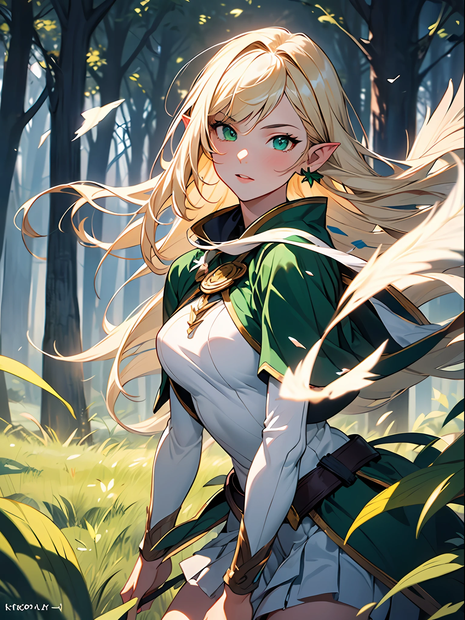 ((Best Quality)),((Beautifully painted)),((hight resolution)),(((Fantasy))),1girl in,((Beautiful woman)),((pointy ear)),White pleated skirt,Blonde long straight hair,K dark green eyes,middlebreasts,Surcourt,Green clothes,Green Cape,Ride the wind through the forest,Flying Wind Spirits,dynamic angle