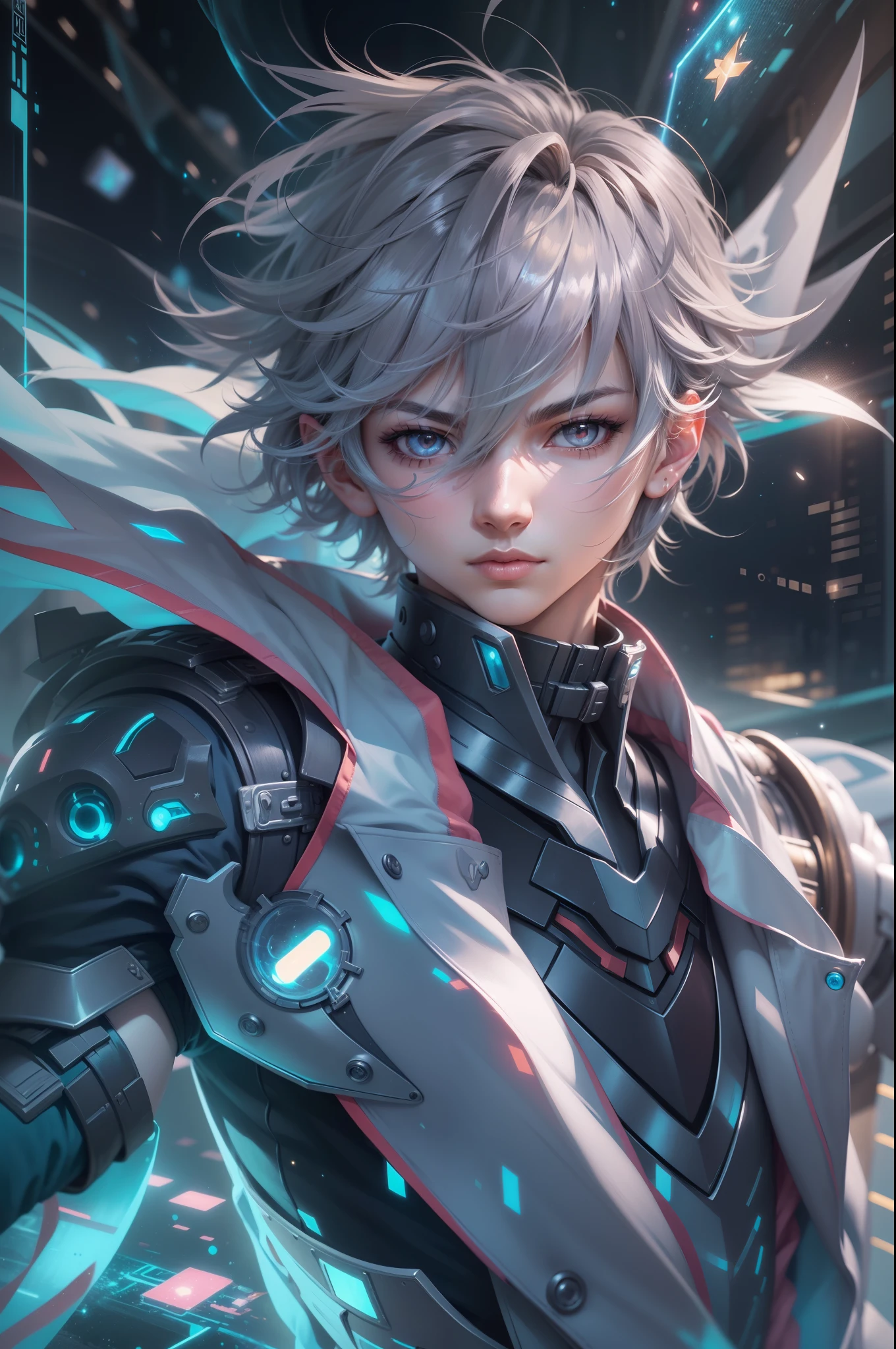 1boy, caelus honkai star rail, Zhongli face, (yami yugi hair style, silver eyes), top resolution, battlesuit body, galaxy, detailed anime art, anime walpaper 4k, anime fantasy illustration, (detailed arm, human hand), (Detailed face), (Detailed Body)