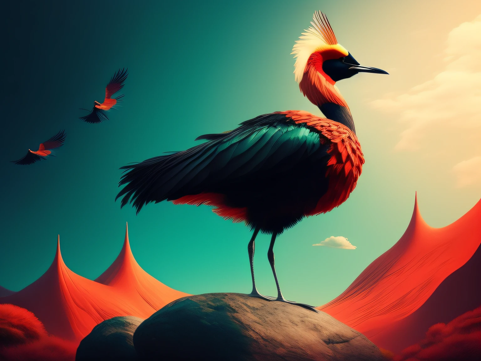 There is a one-legged red-crowned crane standing on a rock in the grass, Cyan back feathers，Red belly feathers，White mouth，a digital painting inspired by Mike Winkelmann, cgsociety contest winner, Fantasy art, fiery bird, birds f cgsociety, Beautiful digital artwork, surrealistic bird, Fantasy art Behance, stunning digital illustration, artwork of a phoenix, surrealistic bird, trend on behance 3d art