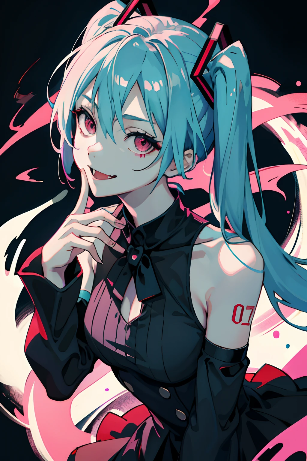 1girll, dress, Portrait,Smoke, tattoo, Void space, poison fangs, Sleeves, bangs, Ruffles, frilld, Red eyes, Bare shoulders, ecstasy, Hefty Smile,Beautiful women,A masterpiece of art,best qualtiy,ultra - detailed,Face the audience,upperbody closeup,low-saturation,Vampire image,head bowed slightly,Visual lens,Place your hand on your mouth,V-shaped gesture,Stick out your tongue,Big breasts Hatsune Miku,with dynamism,Fangs exposed,mouth mask,Look down from above,Pink top,The demons,ridicule,